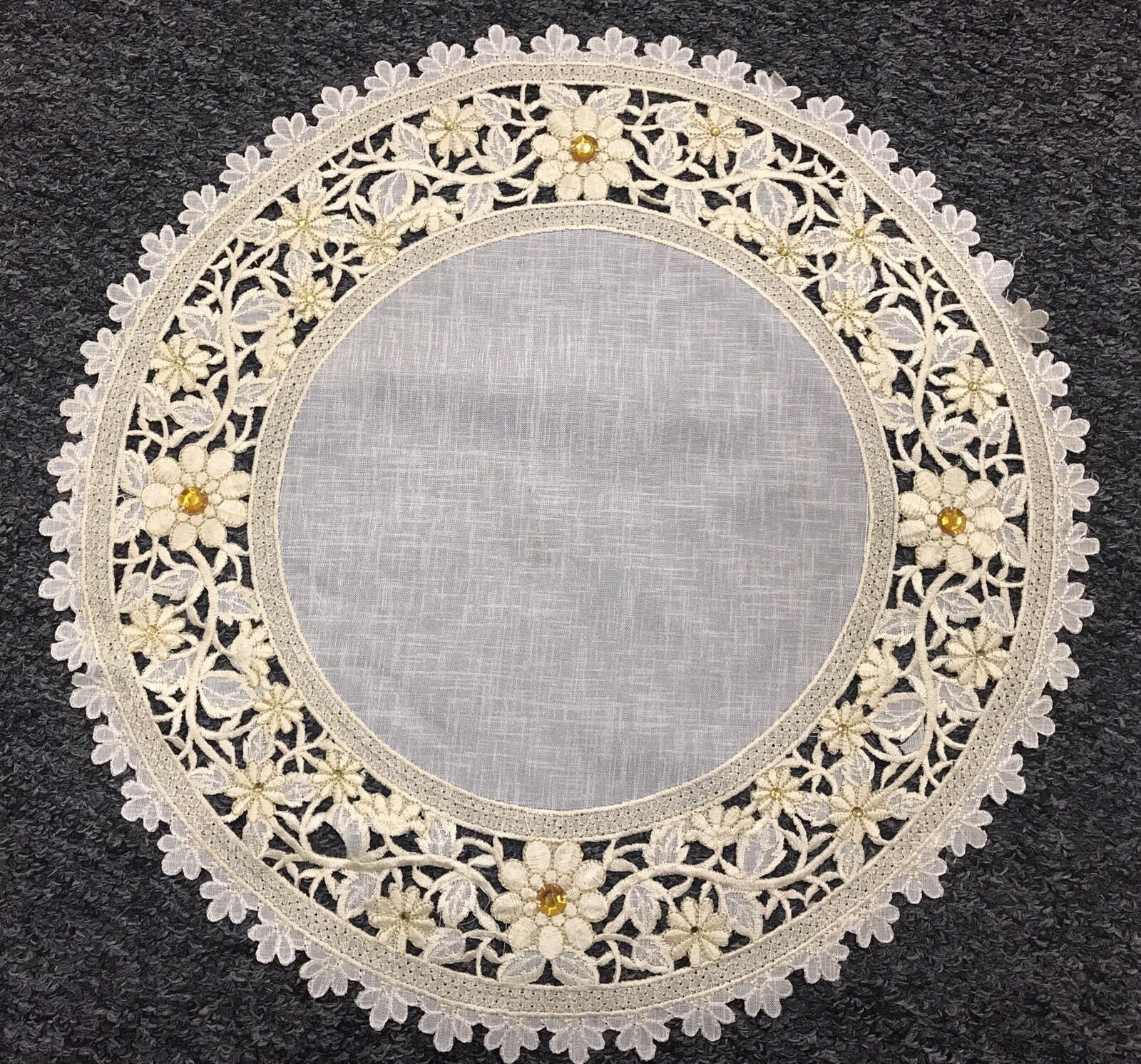 20“ Round Organza Embroidered Lace Rhine Stone Doily Doilies Gold Wedding Decor