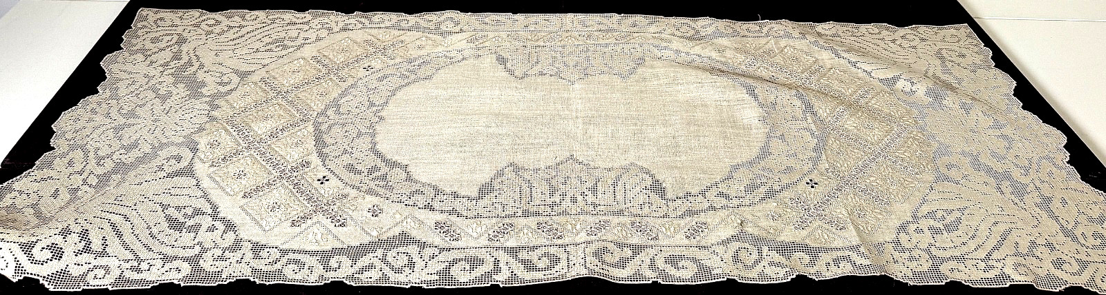 Antique Handmade Linen Needle Lace & Buratto Placemats & Runner for 12 NWOT B279 Antique Handmade Linen Needle Lace & Buratto Placemats & Runner for 12 NWOT B279