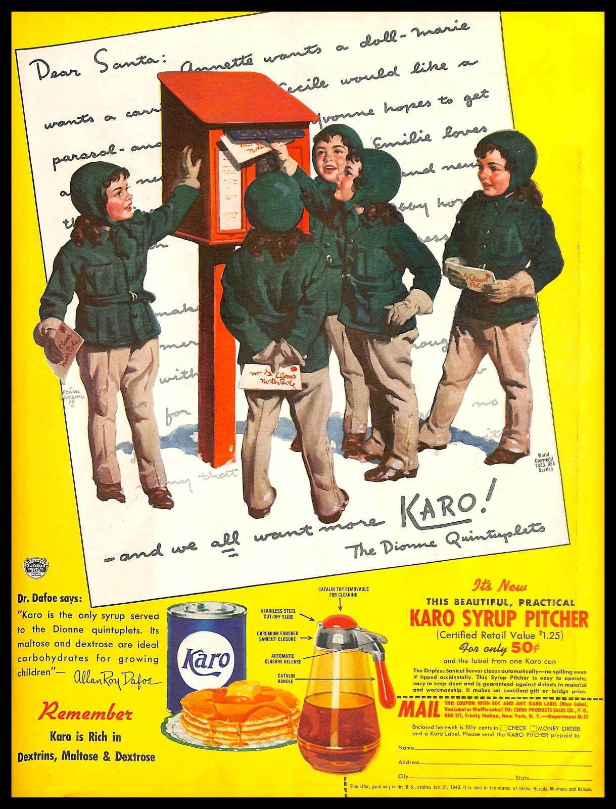 1939 Karo Syrup Vintage PRINT AD Dionne Quintuplets Christmas Pitcher Pancakes