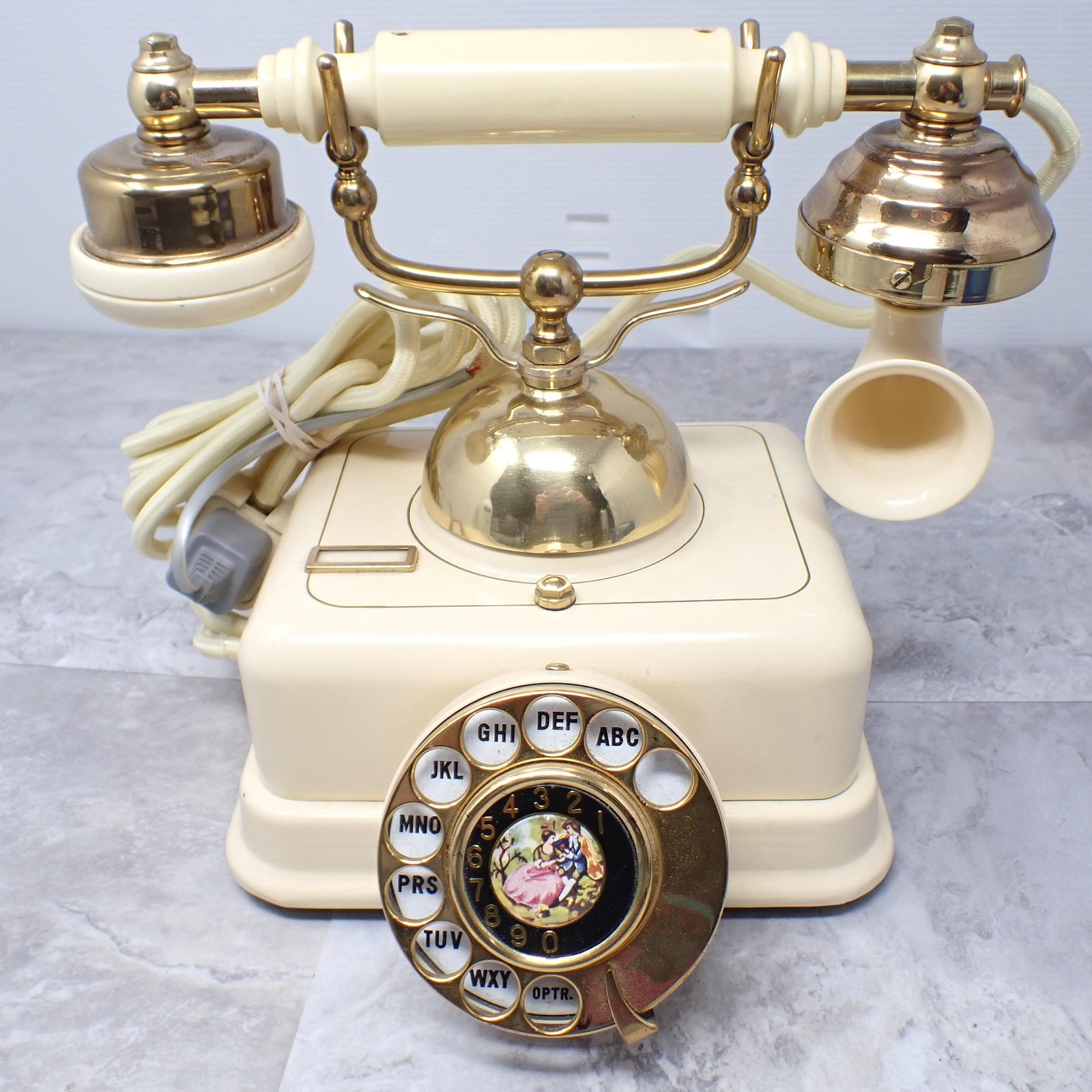 Vintage ITT Rotary Telephone Cream Gold Tone Desk Phone European Plug Decor