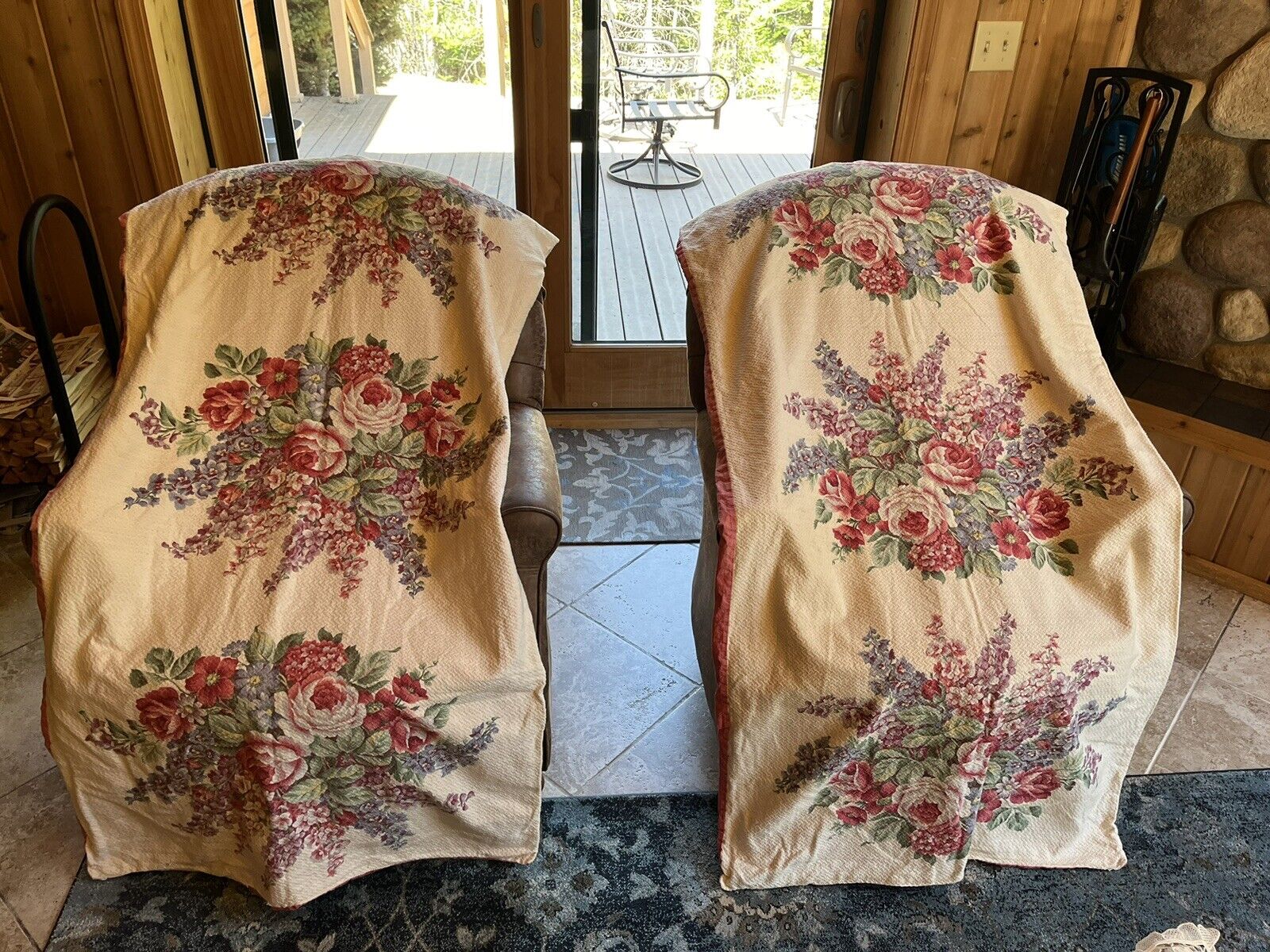 Vintage Cottage Roses Pinks Cream Barkcloth Vintage Fabric 2 Panels (35