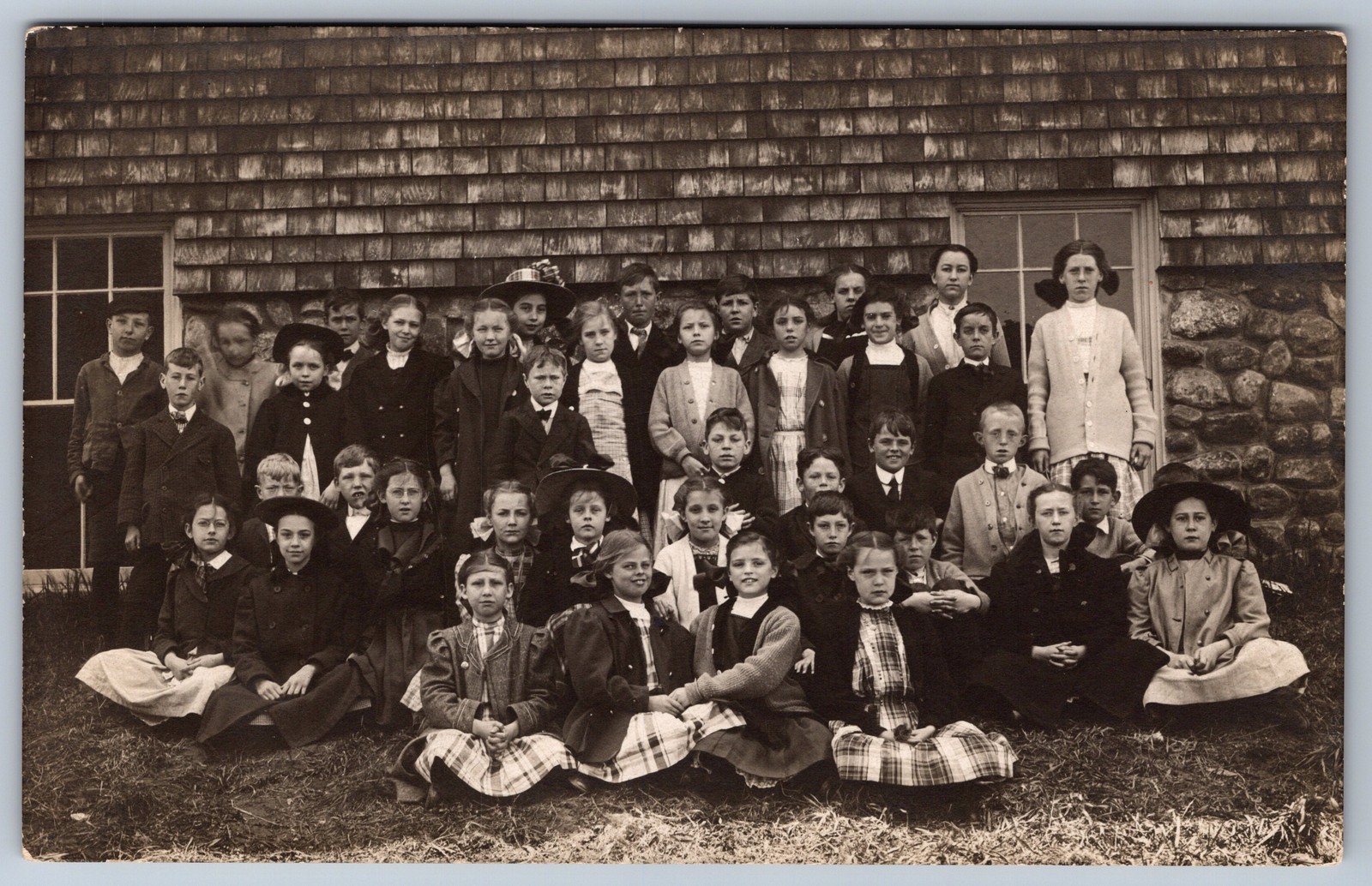 RPPC School Class Group Photo Children Teacher Shingled Schoolhouse c1910