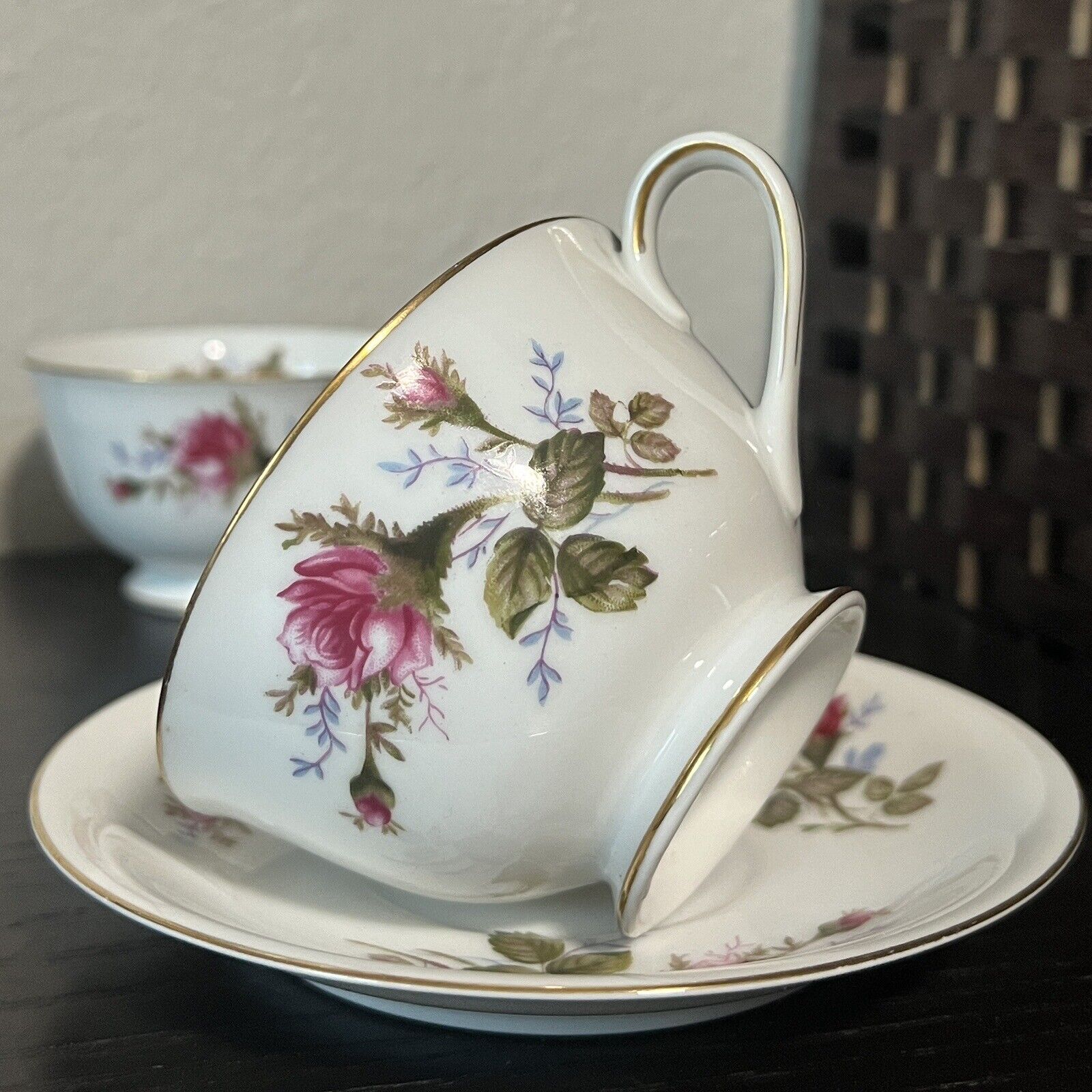 Vintage Set Of 7 Coffee Cups Aladdin Fine China Moss Rose