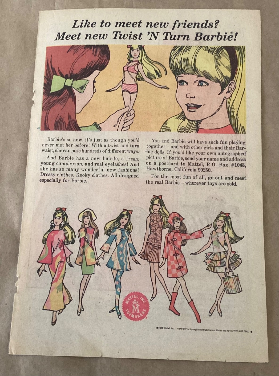Twist ‘N Turn Barbie 1967 Print Ad retro 1960s art Mattel promo illus toys vintg
