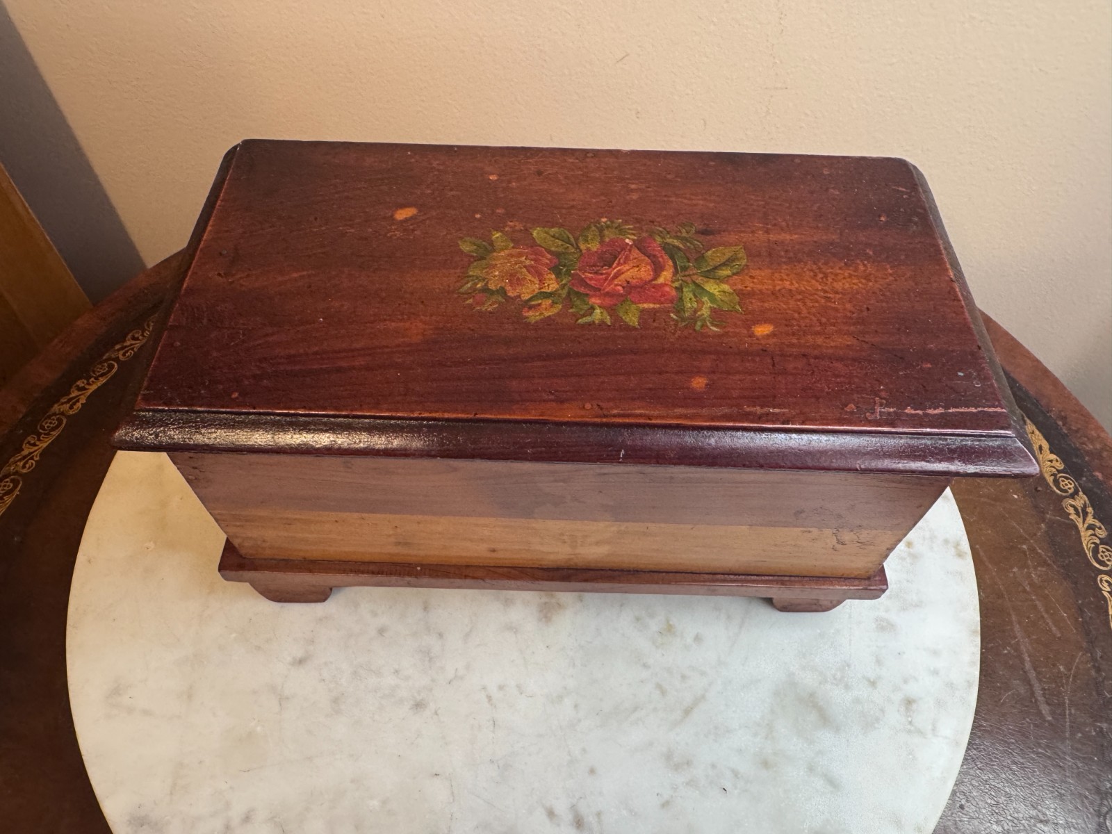 Vintage Royal Line Wood Trinket Box Brown Rectangle Floral Rose Design READ