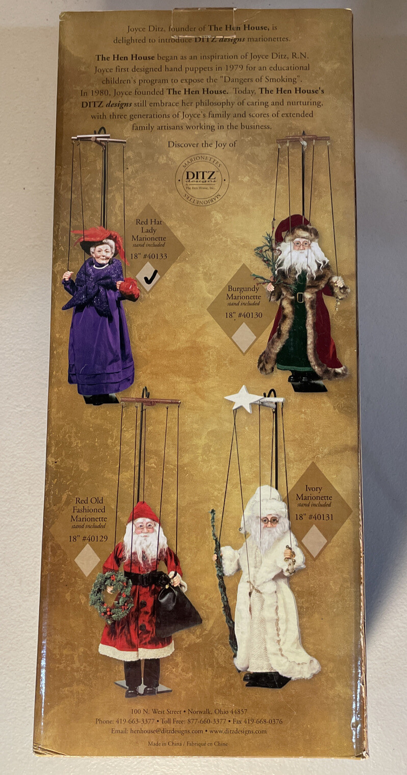 Vintage Ditz Design Red Hat Society Lady Marionette Doll #40133 New In Box