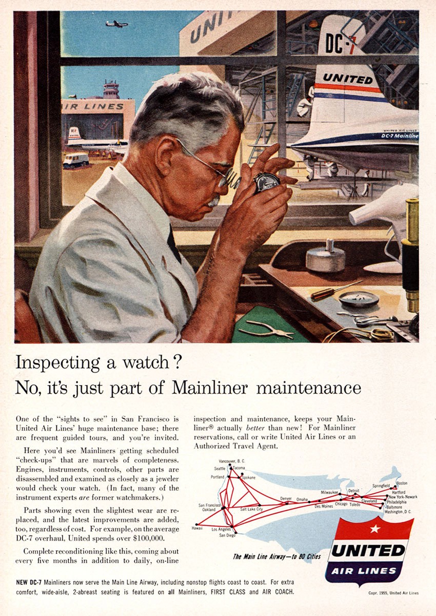 1955 United Airlines: Inspecting Watch Mainliner Maintenance Vintage Print Ad 1955 United Airlines: Inspecting Watch Mainliner Maintenance Vintage Print Ad