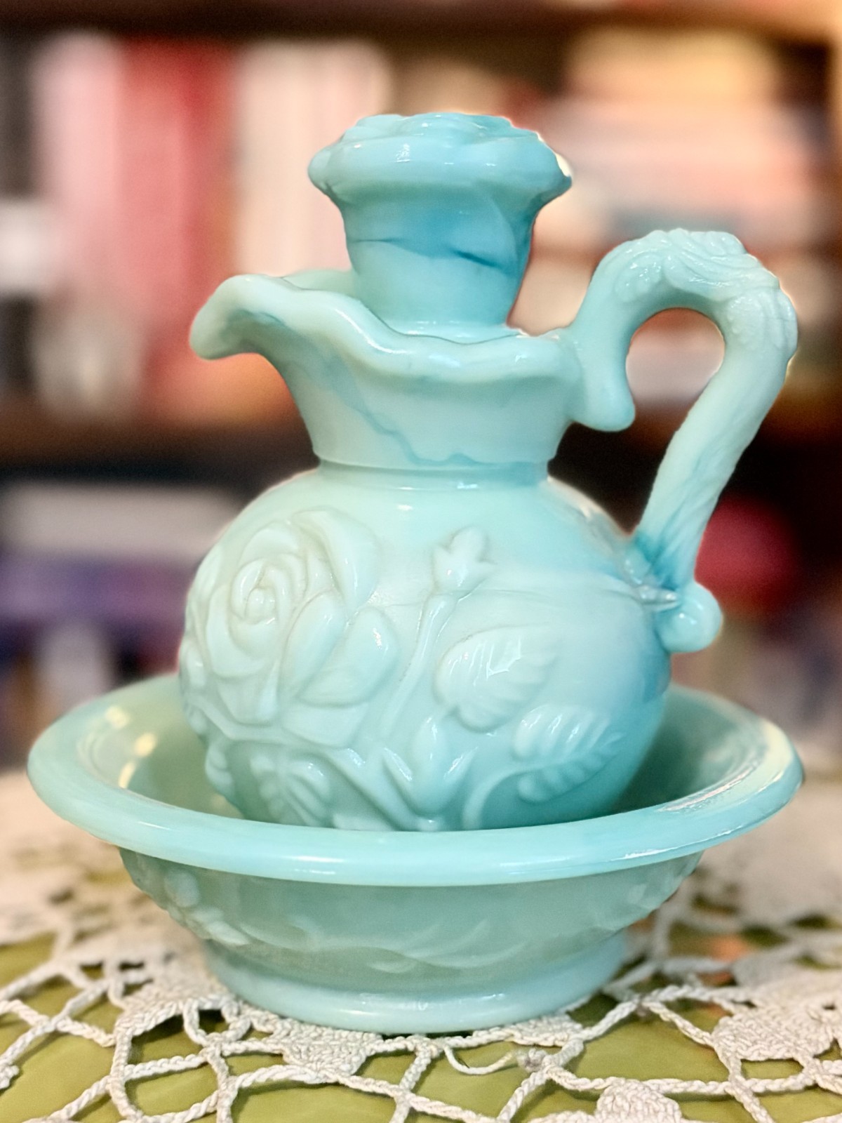 Avon Blue Milk Glass Cruet Bottle Stopper Dish Set Floral Embossed