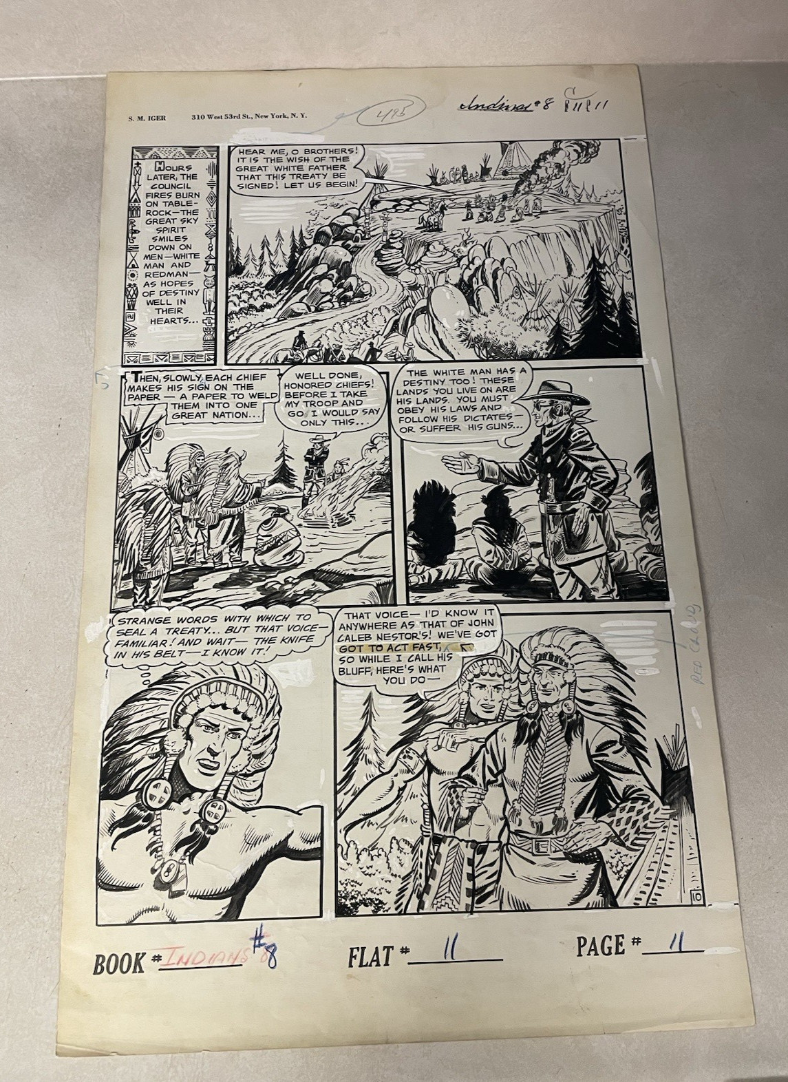 INDIANS #8 original comic book art 1951 FICTION HOUSE SIGN TREATY with WHITE MAN