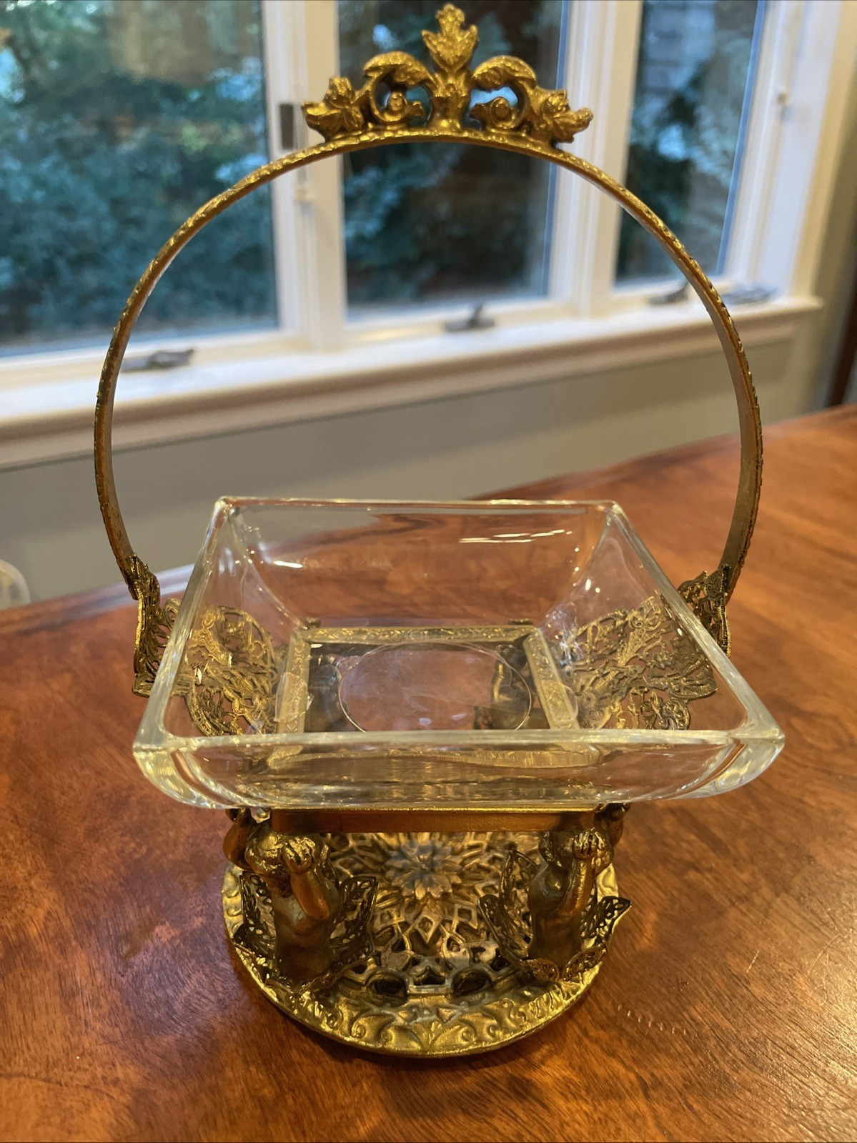 Vintage Hollywood Regency Ormolu Cherub Basket Candy Dish Angel Gold Filigree