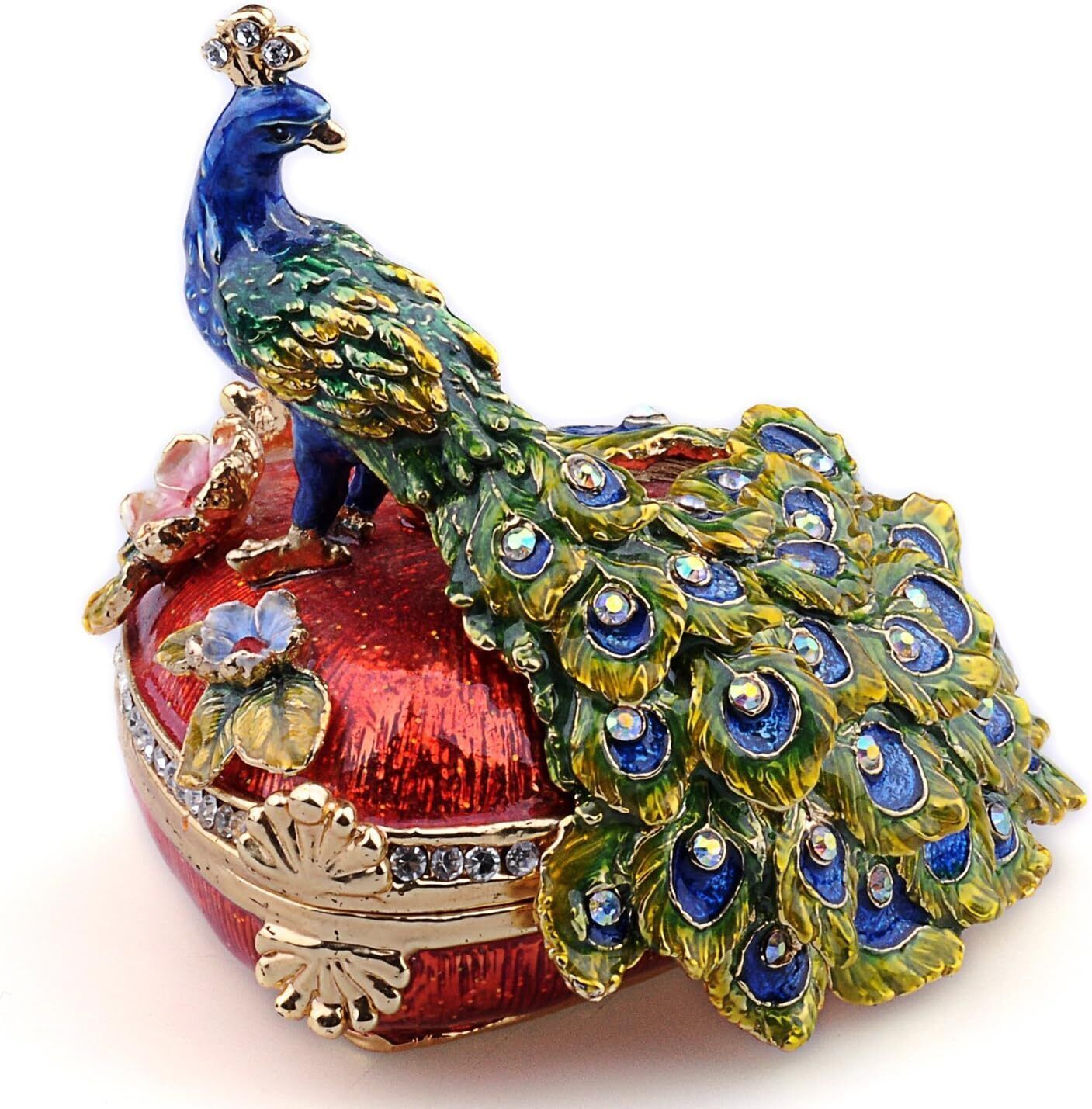 Bejeweled Enameled Animal Trinket Box/Figurine Heart Shaped Peacock