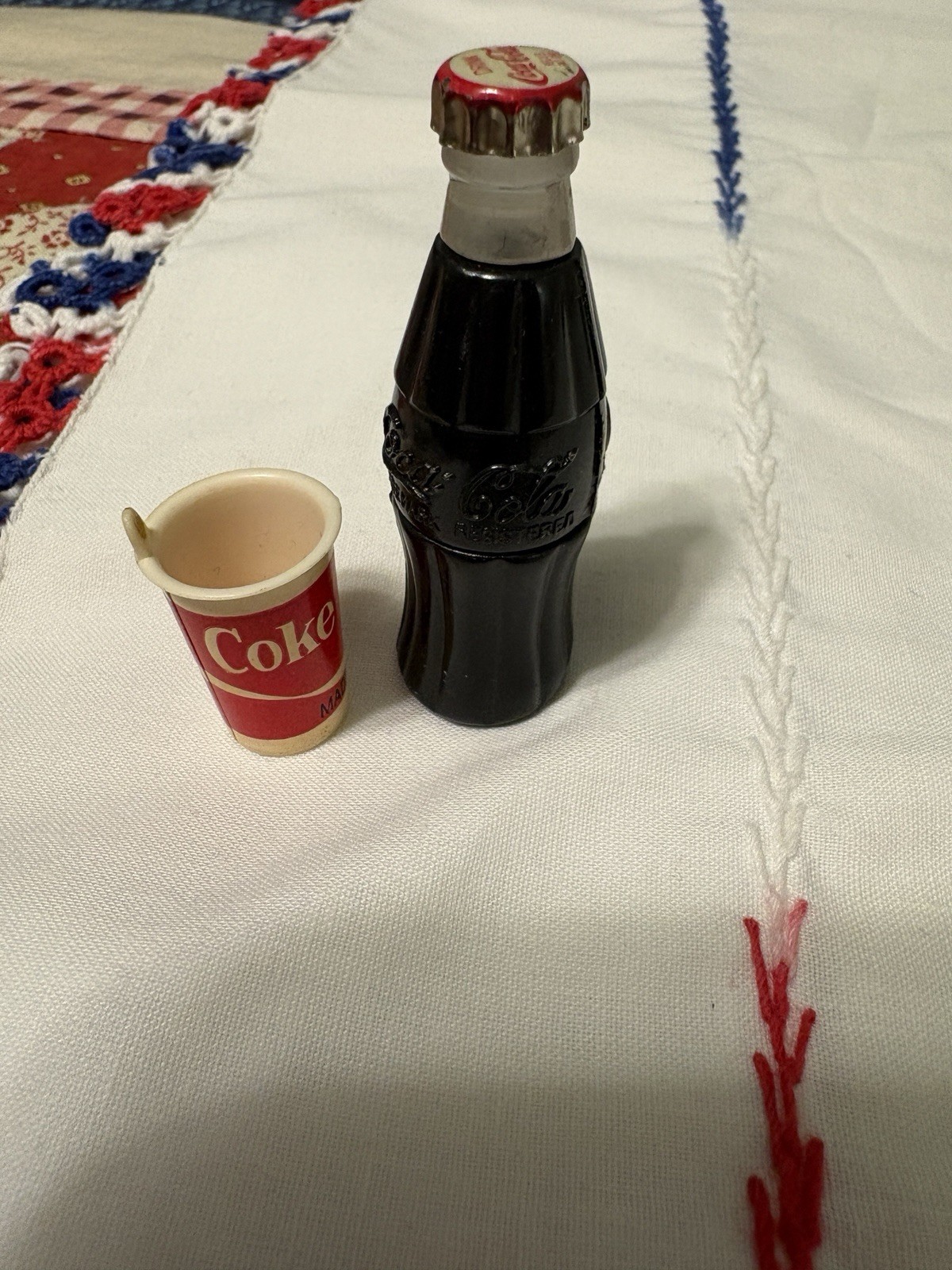 Vtg. Mini Plastic Coca Cola Bottle W/Cap 2-1/2”, & Mini Plastic Cup 1-1/4”Taiwan