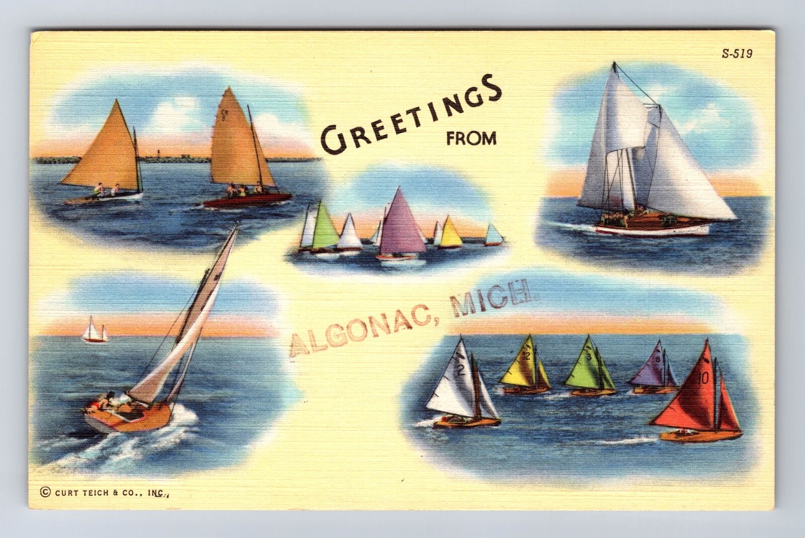 Algonac MI-Michigan, Scenic Greetings, Sail Boats, Souvenir Vintage Postcard