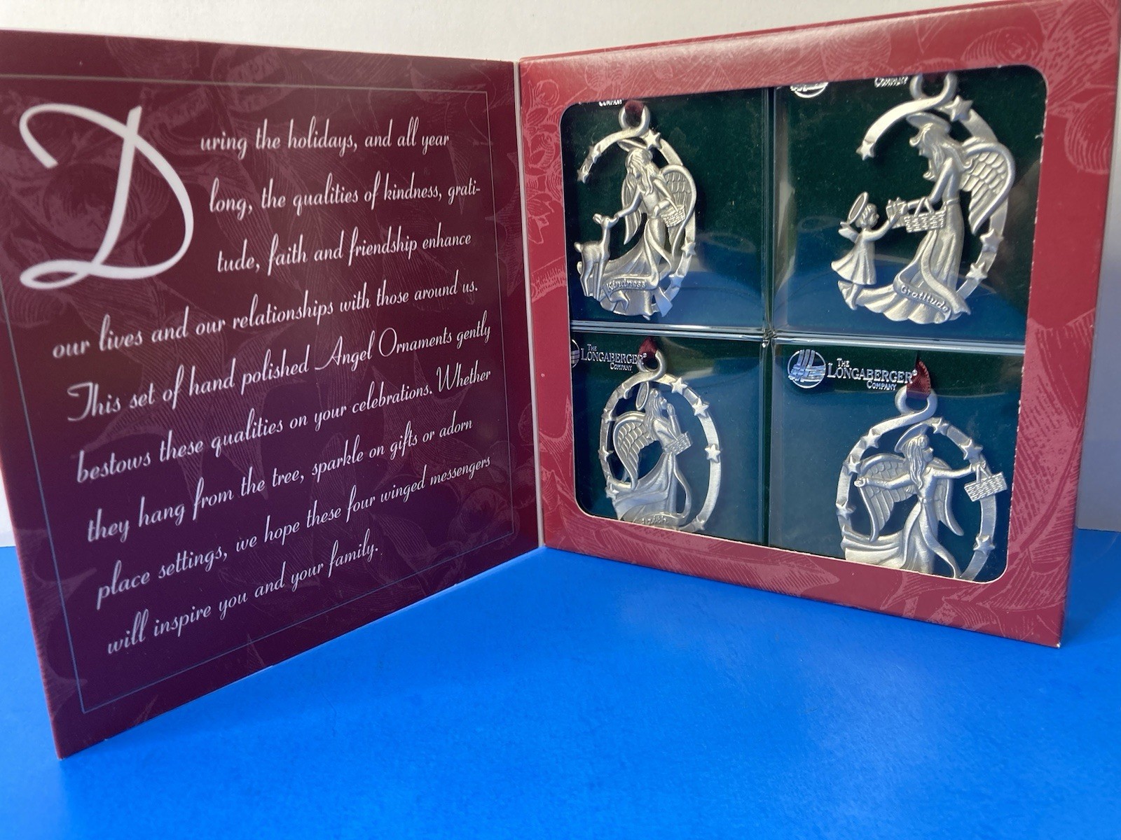 Vtg 1999 Longaberger Pewter Angel Ornaments Set of 4 - Kindness Gratitude 71072