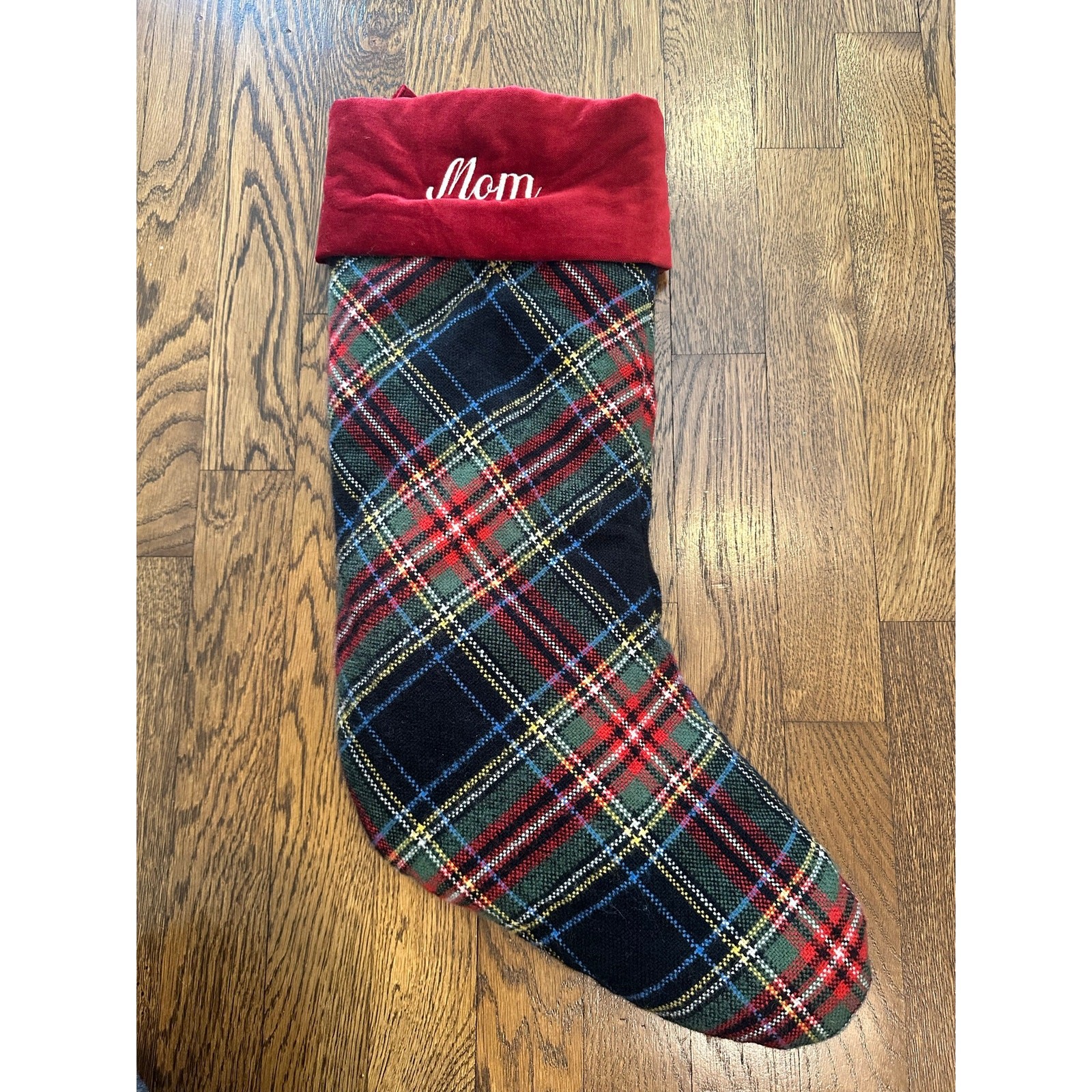 Pottery Barn Plaid Red Velvet Cuff Christmas Holiday Stocking Embroidered “Mom”