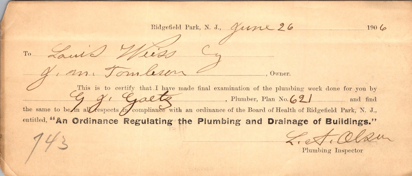 1906 Ridgefield Park NJ Plumbing Inspection Certificate - Board of Health