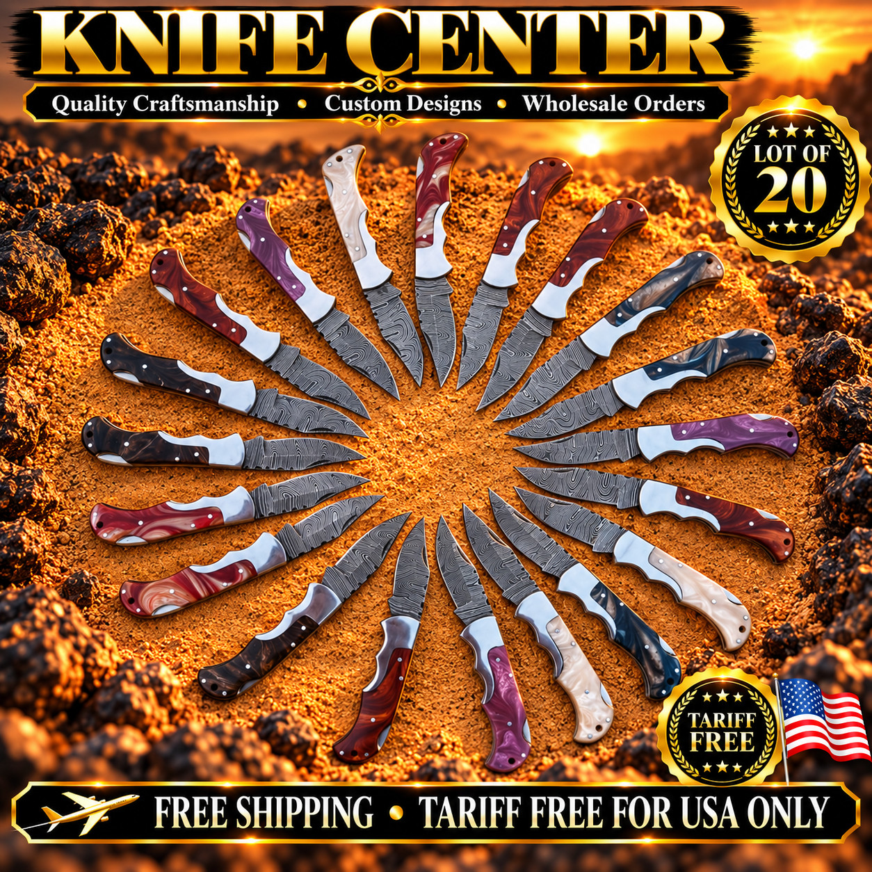 Lot Of 20, Handmade Damascus Steel Folding Pocket knives Resin Handle W/sheaths