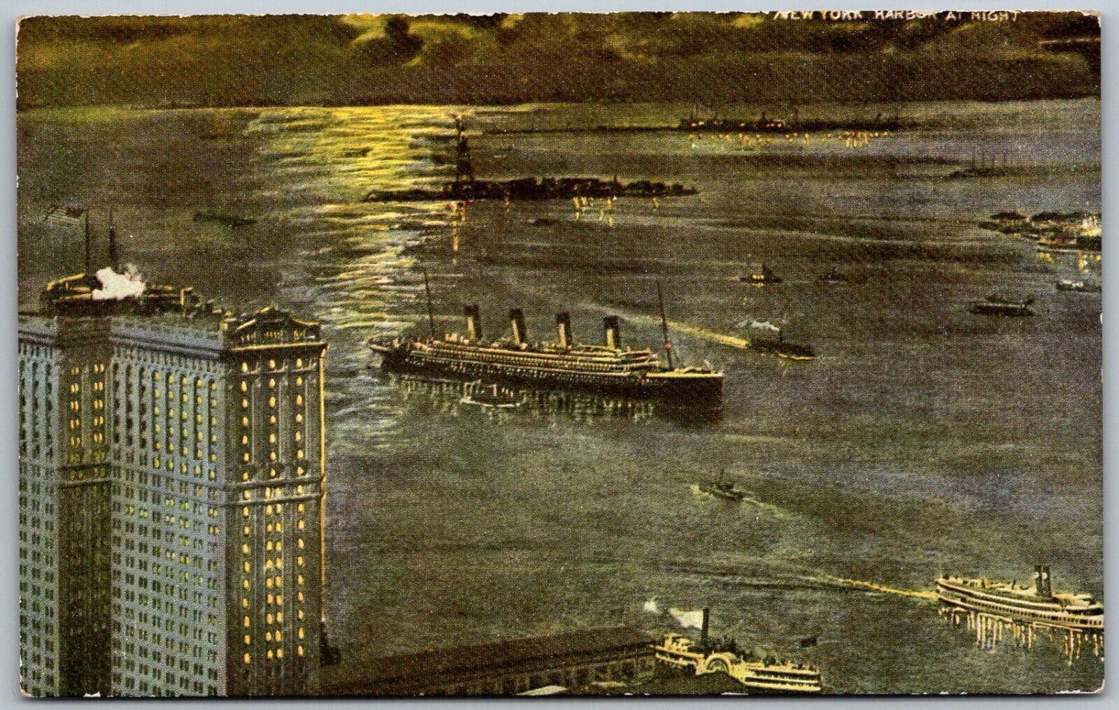 New York City NY c1910 Postcard Harbor View At Night Steamship