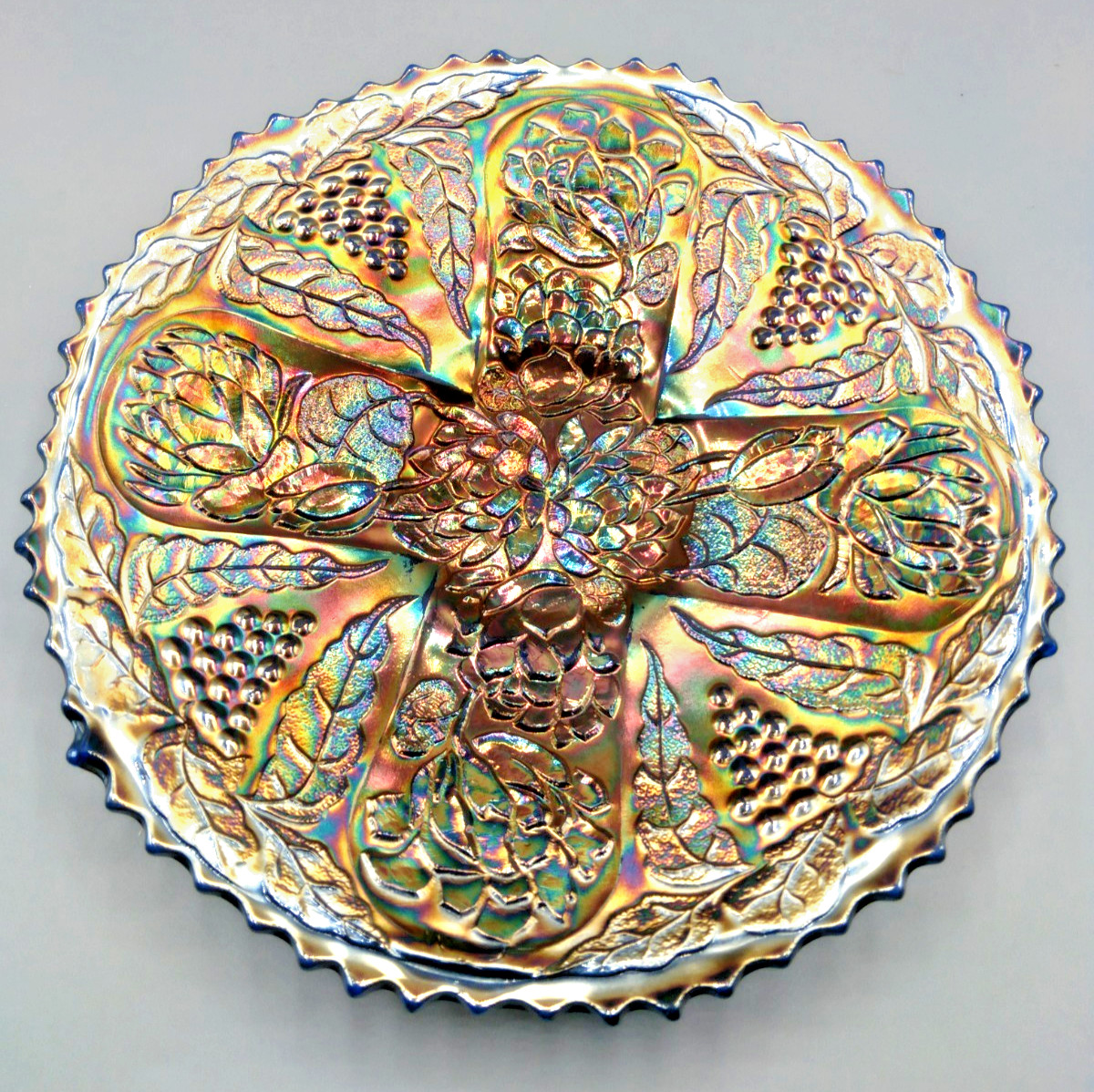 FENTON RARE 9 INCH BLUE- LOTUS & GRAPE PLATE ( TINY FLAKE ON ONE POINT)