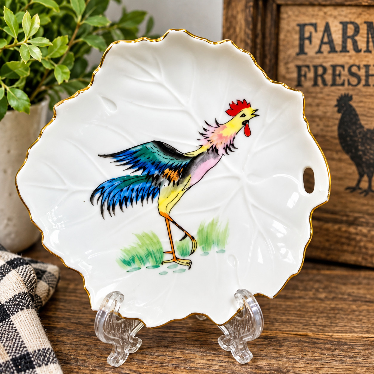 Vintage Rossetti Japan Hand Painted Rooster Porcelain Dish Gold Trim