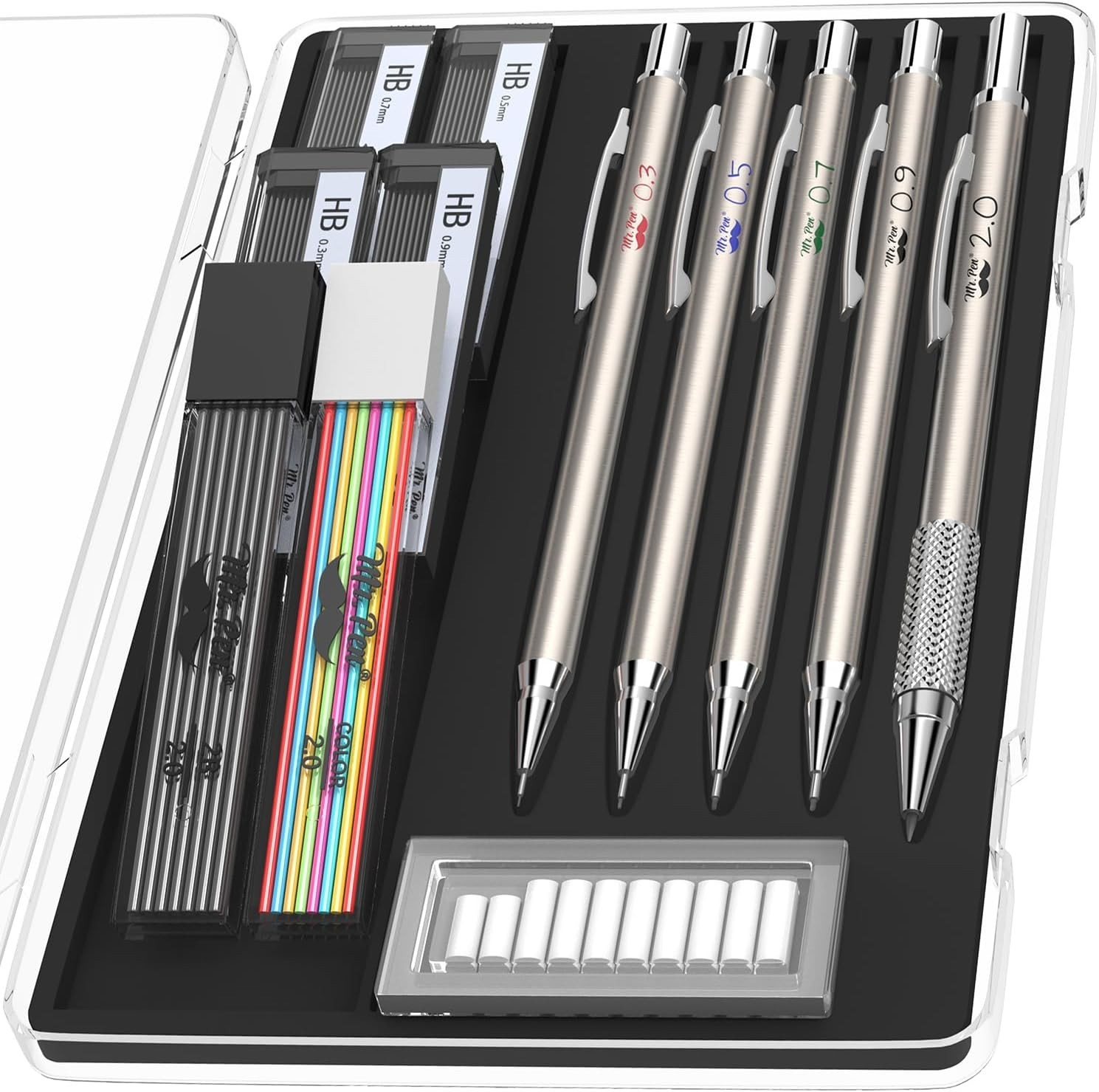 - Metal Mechanical Pencil Set with Lead and Eraser Refills, 5 Sizes