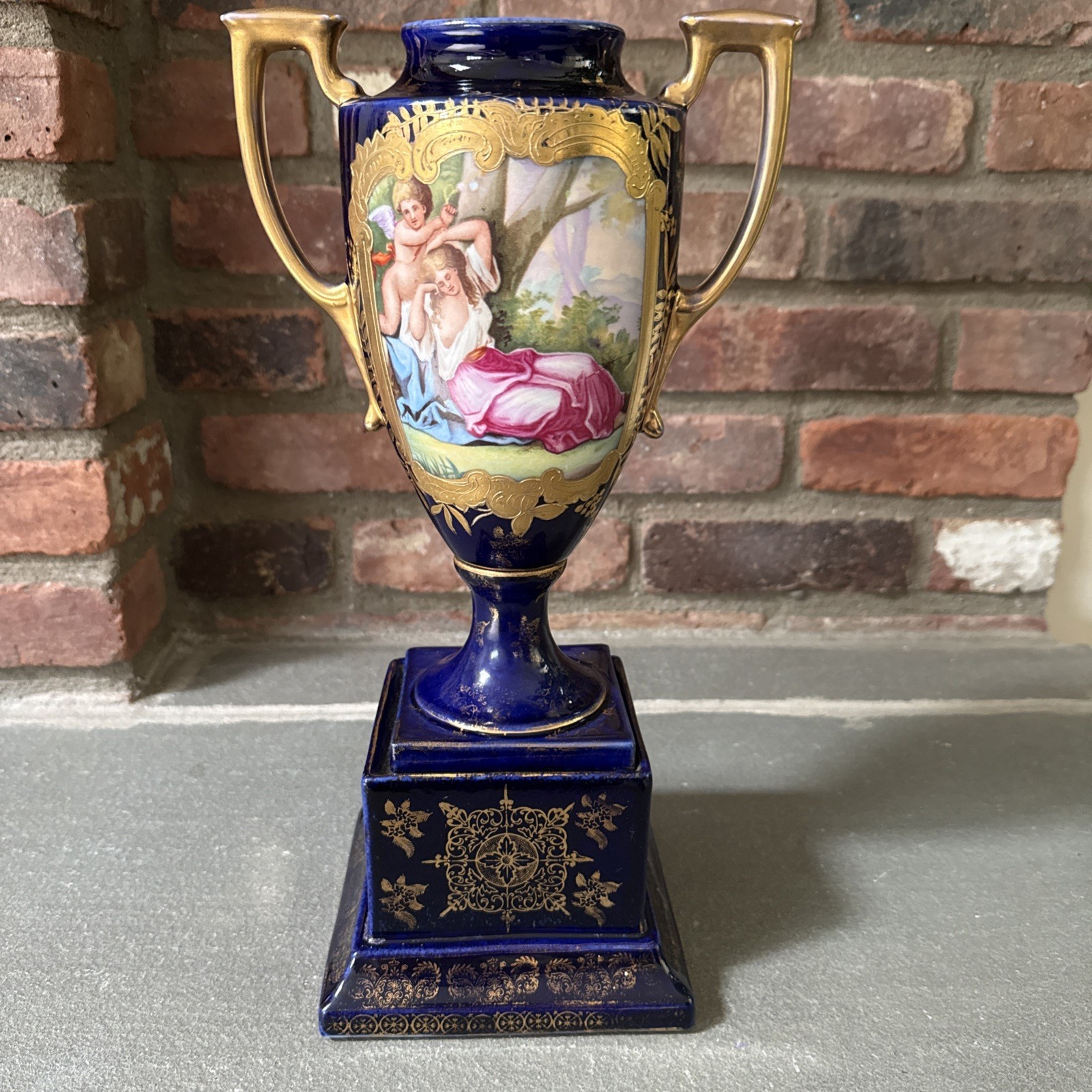 Antique Victoria Carlsbad Cobalt Blue Porcelain Double Handled Pedestal Vase 15”