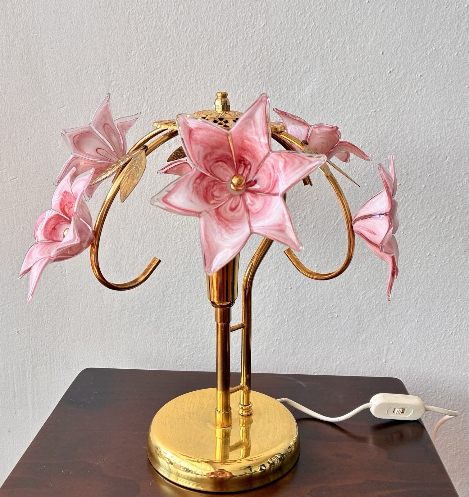 Vintage Table Lamp  Murano Pink  Glass Floral 1980s