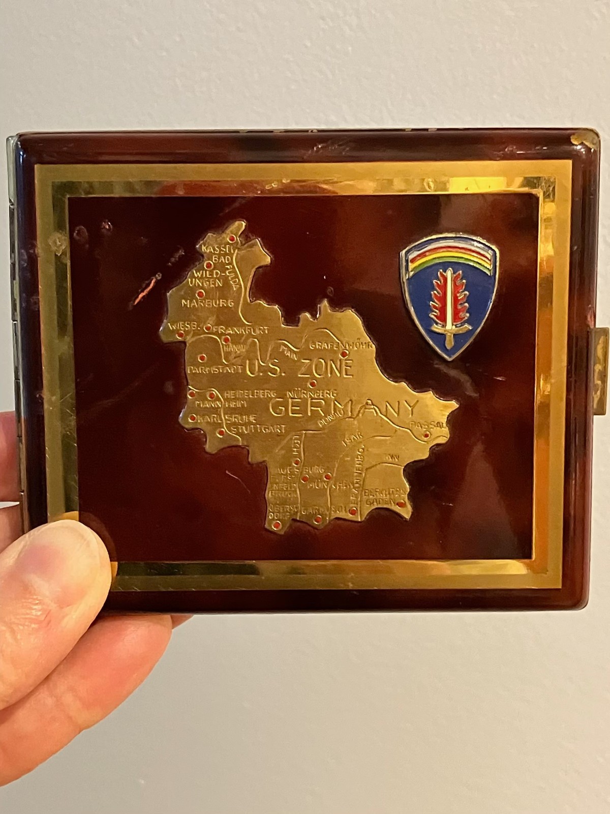 WW II Cigarette Case OCCUPATION ZONE MAP 1946/47 Brass/Enamel FLAMING SWORD logo WW II Cigarette Case OCCUPATION ZONE MAP 1946/47 Brass/Enamel FLAMING SWORD logo