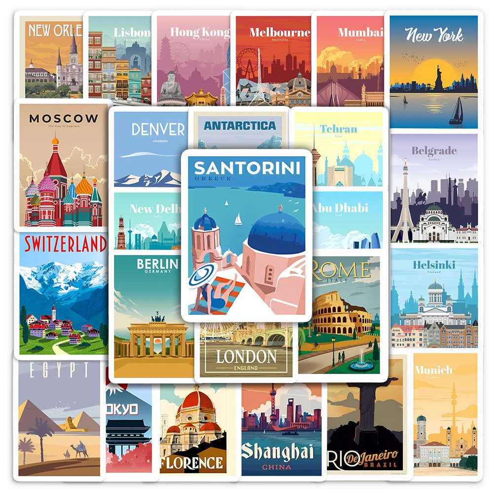 World Landmark Famous City Buildings Stickers Travel Beautiful Scenery PVC Water