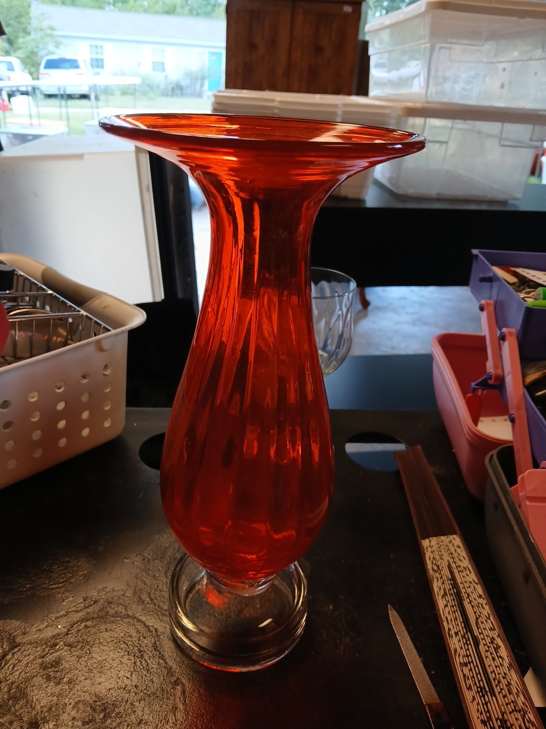 Tangerine Orange Scalloped Hand Blown Glass Vase Clear Pedestal 12 In Tangerine Orange Scalloped Hand Blown Glass Vase Clear Pedestal 12 In