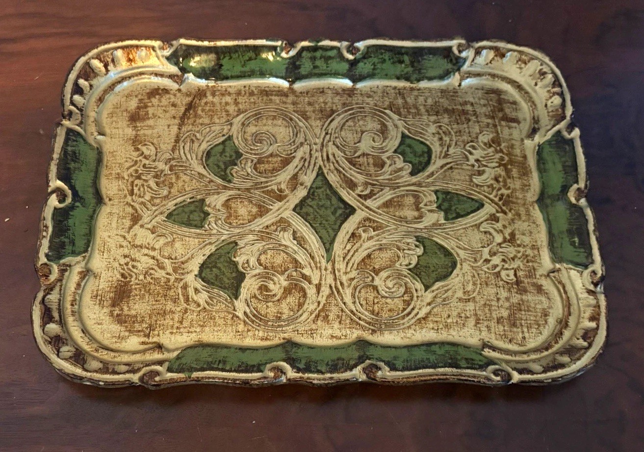 Vintage Italian Florentine Wood Serving Tray – Gilt Gold & Green Baroque Design 