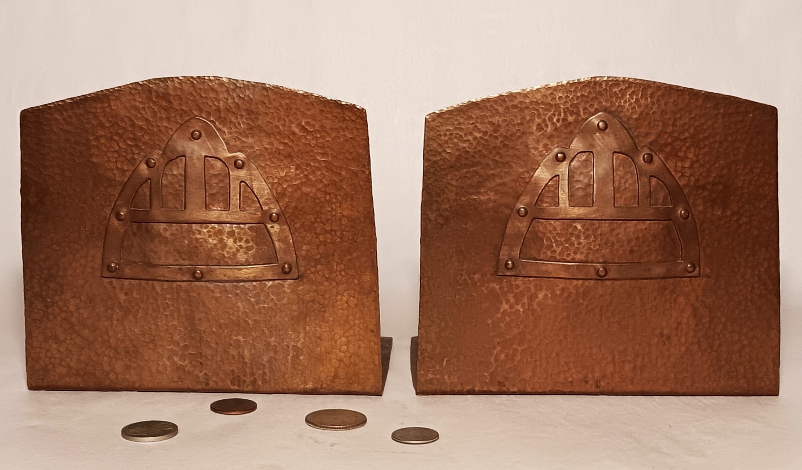 1920s ARTS & CRAFTS vtg copper bookends riveted book deco nouveau hand hammered