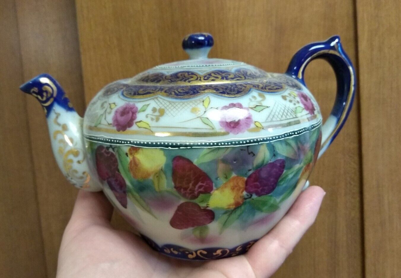 Antique Cobalt Blue Porcelain Teapot Gold Gilt Unmarked FRUIT Berries Tea Pot