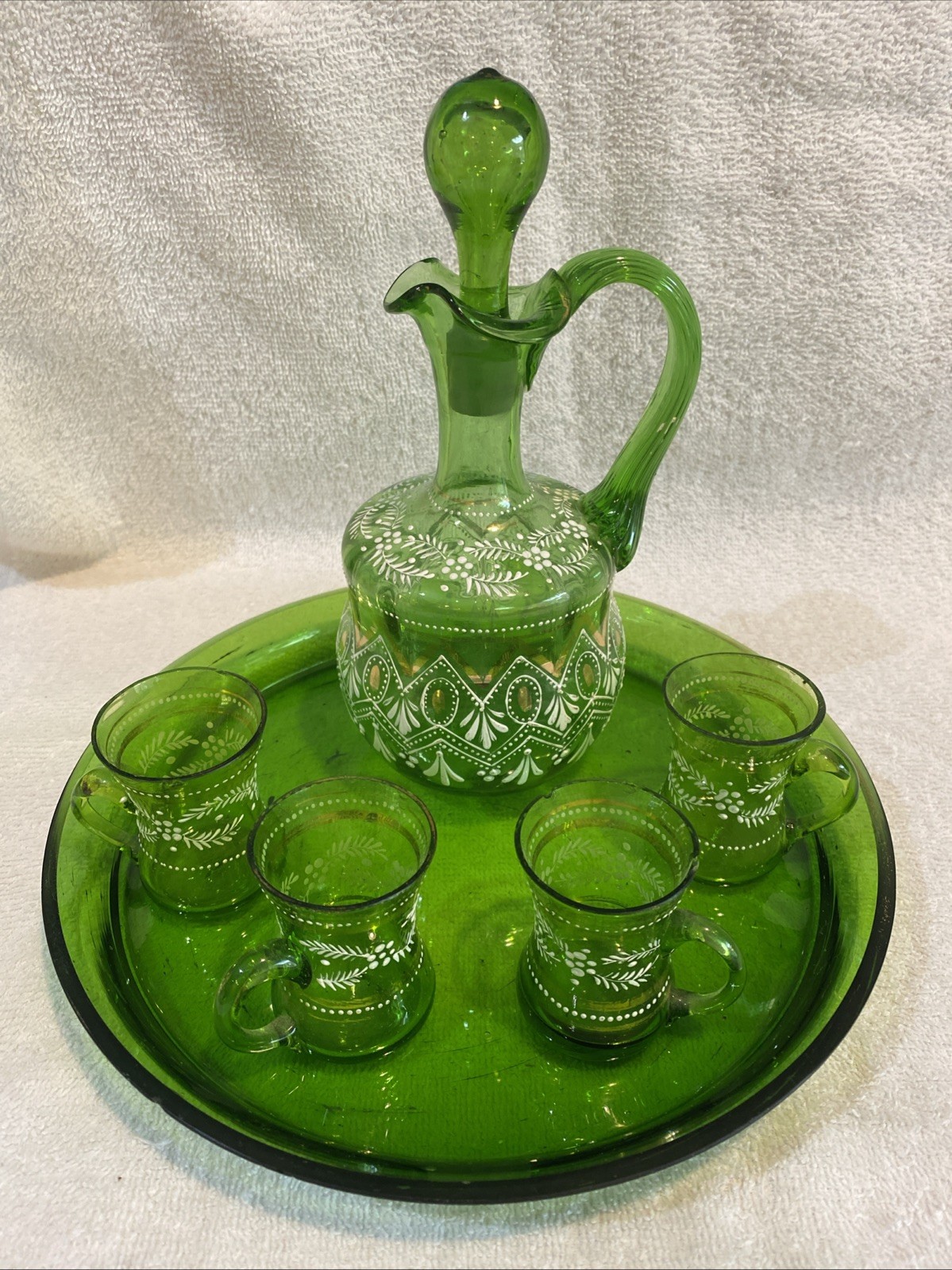 Antique Bohemian Enameled White Floral & Gold Green Glass Cruet C1880-1890s Set