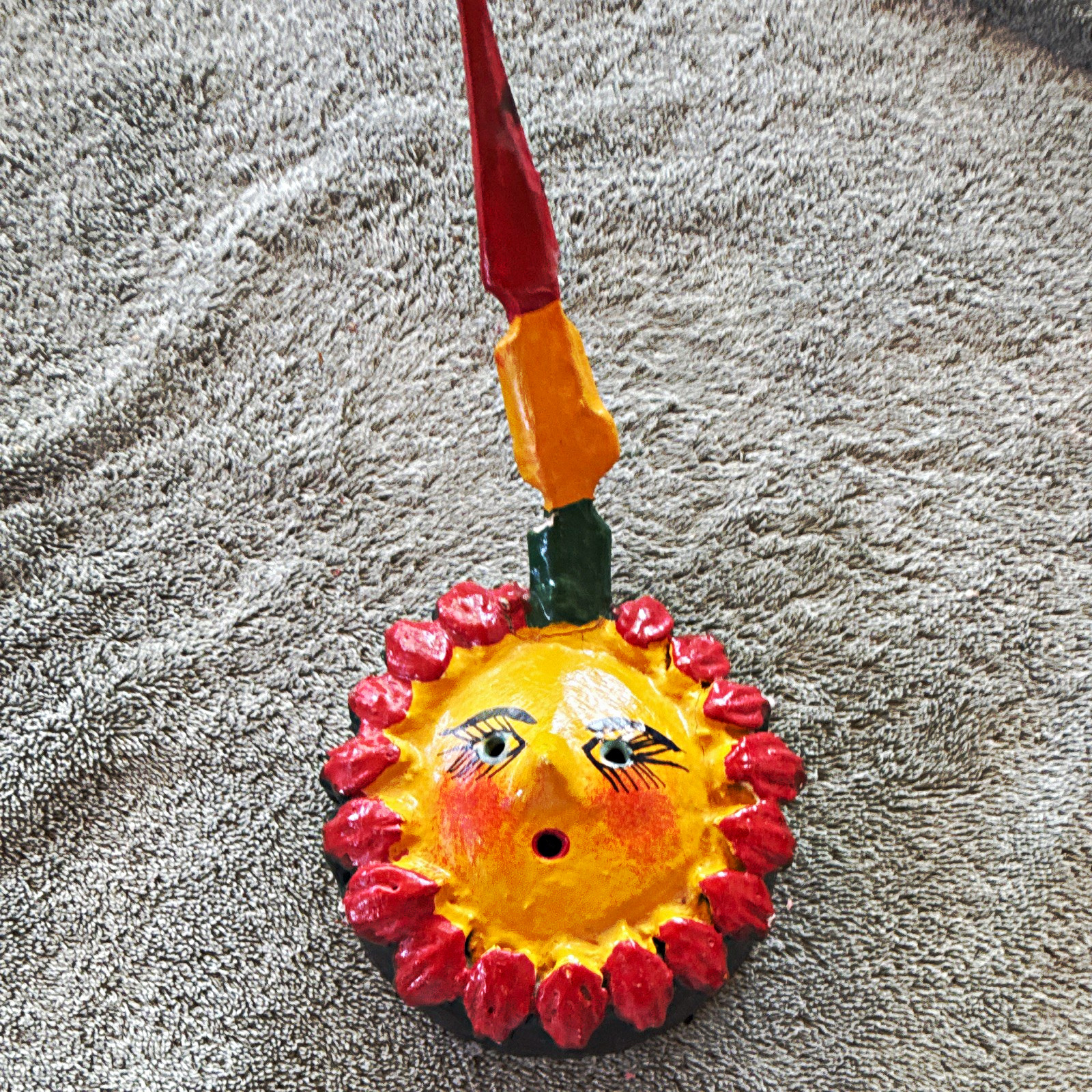 Vintage Mexican Folk Art Hand Painted Coconut Shell Sun Face