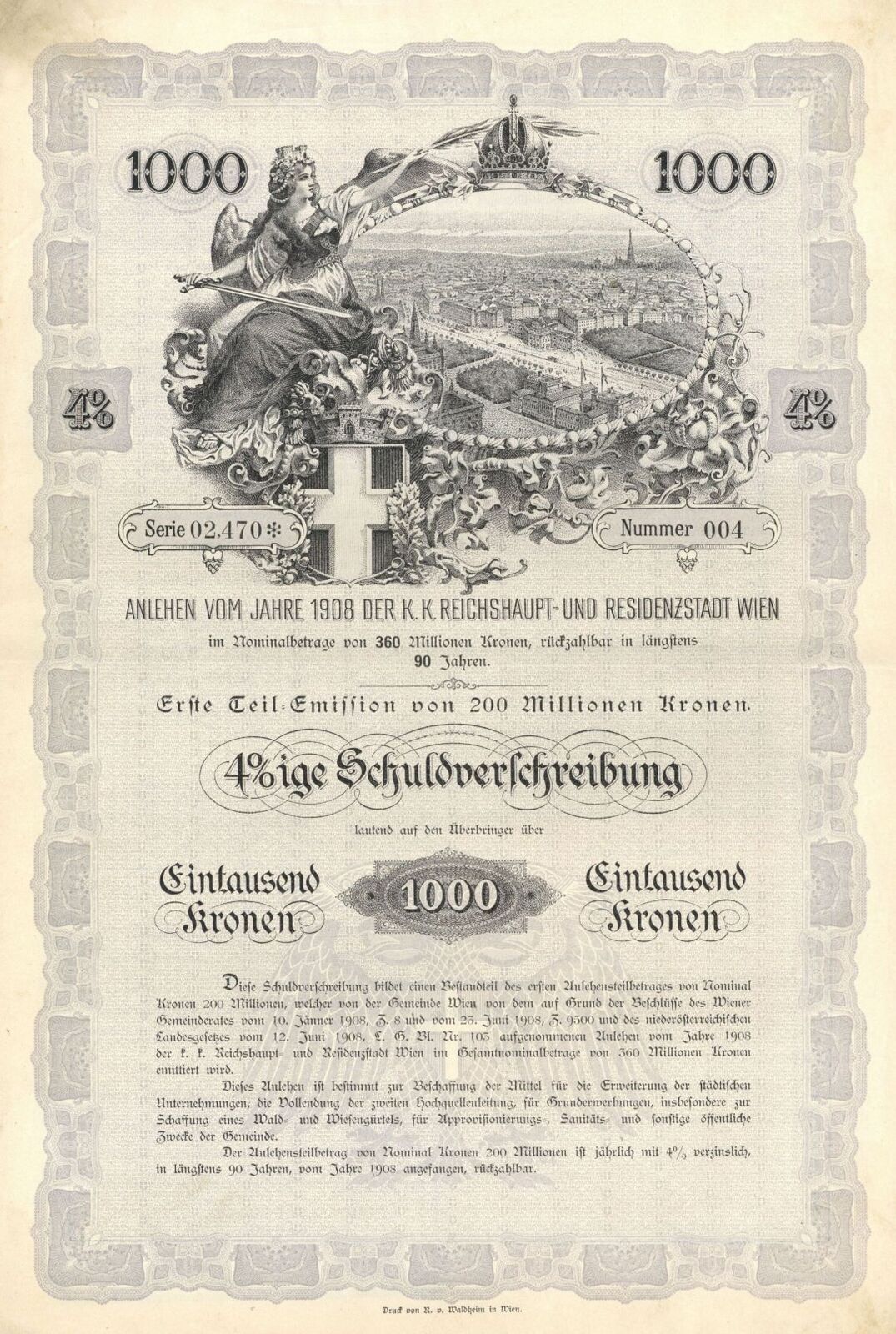 1908 dated Austrian Kronen Bond - 1000 Kronen Gray Type - Foreign Bonds