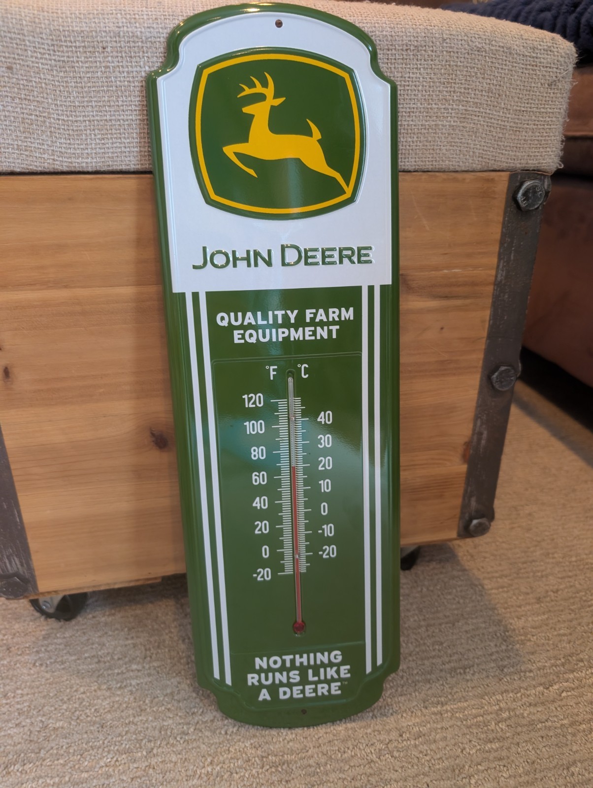 John Deere Farm Tractor Embossed Metal Sign Thermometer 18\