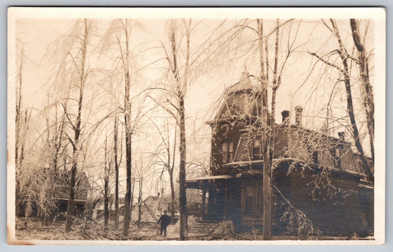 Postcard RPPC, Historic Photo People Ice Storm House Trees Unposted