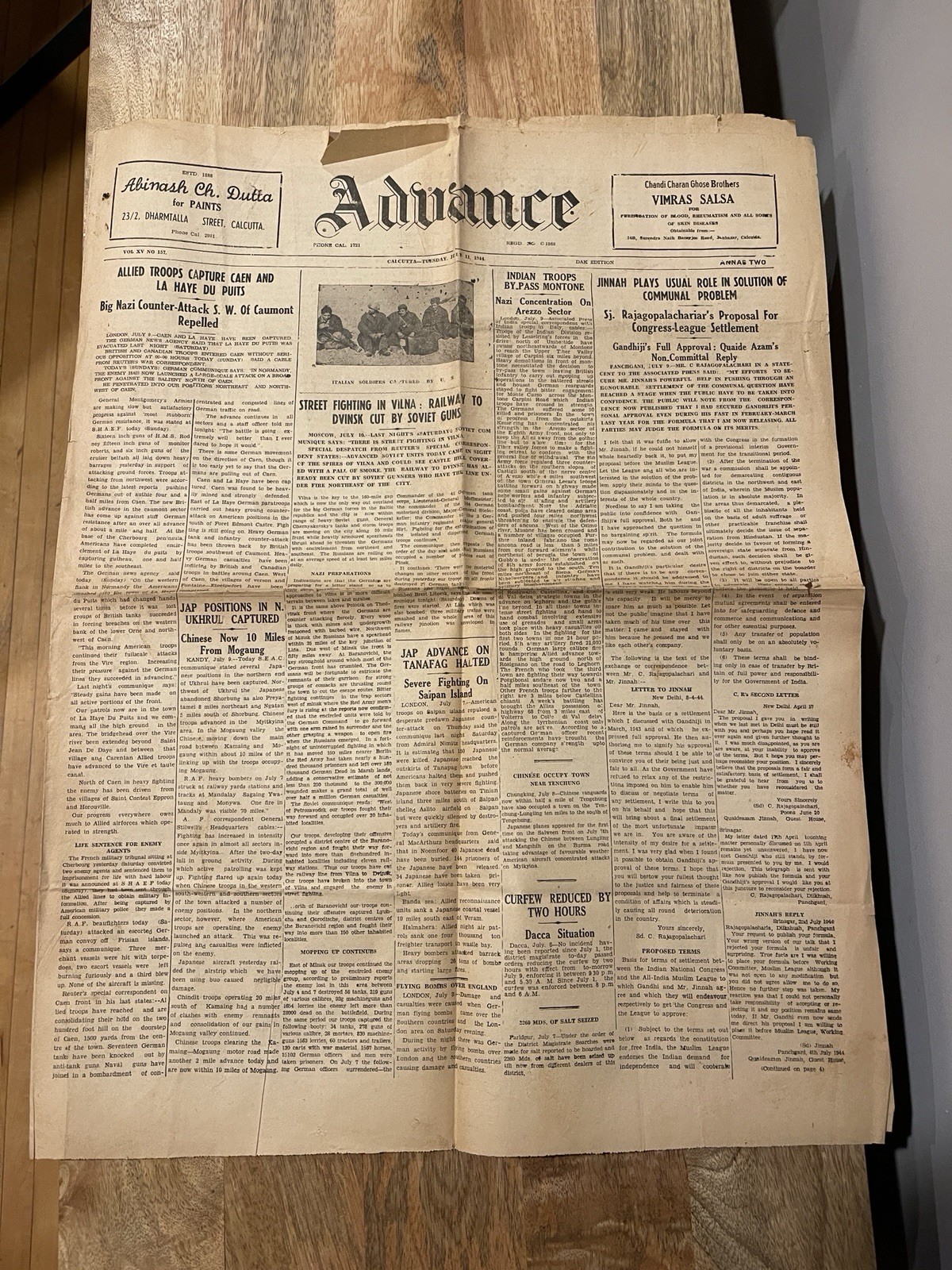 1944 July 11, WW2 Era ADVANCE “ Caen And La Haye Captured, 4page Newspaper.