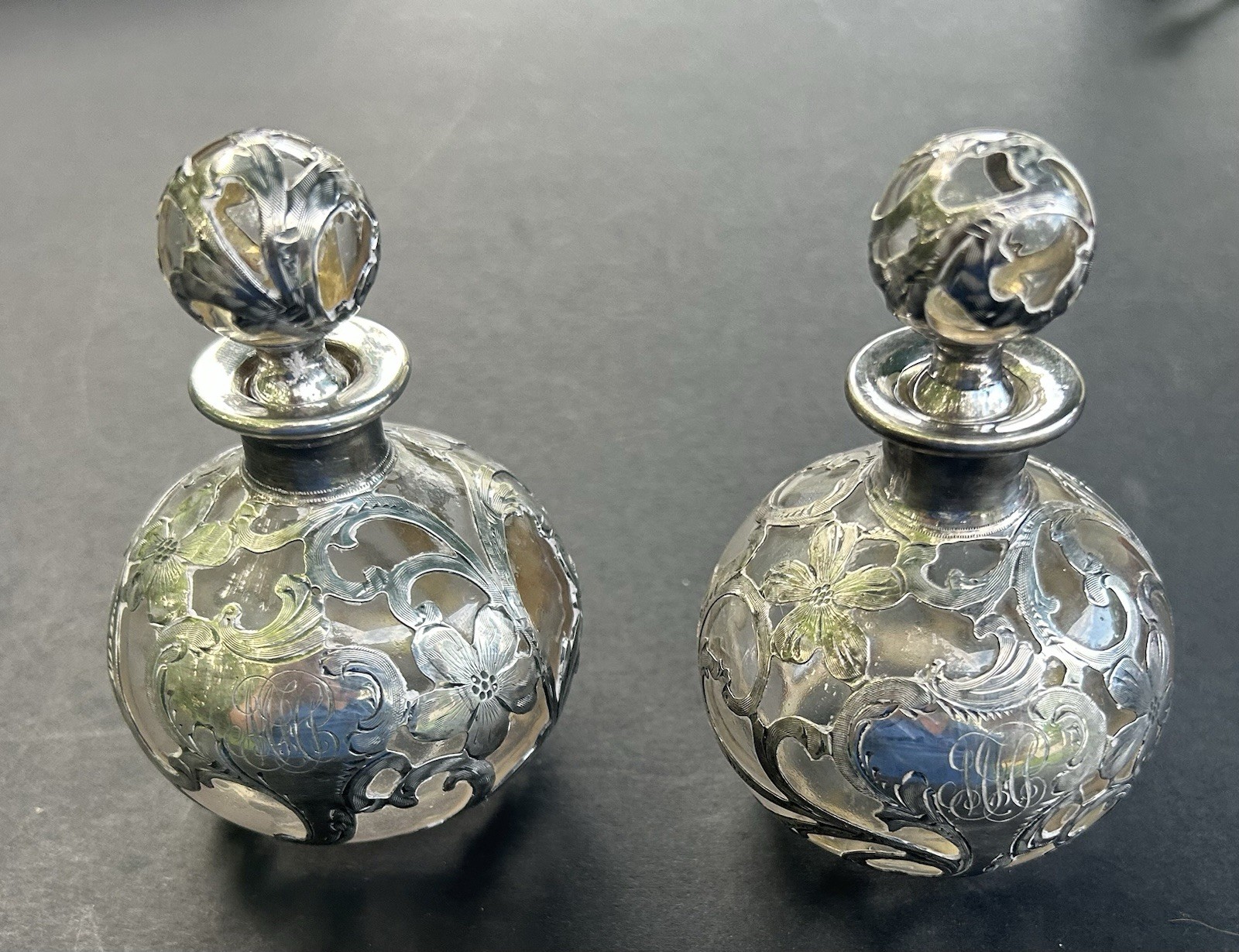Antique Alvin .999 Fine Silver Overlay Perfume Bottles - Art Nouveau Pair