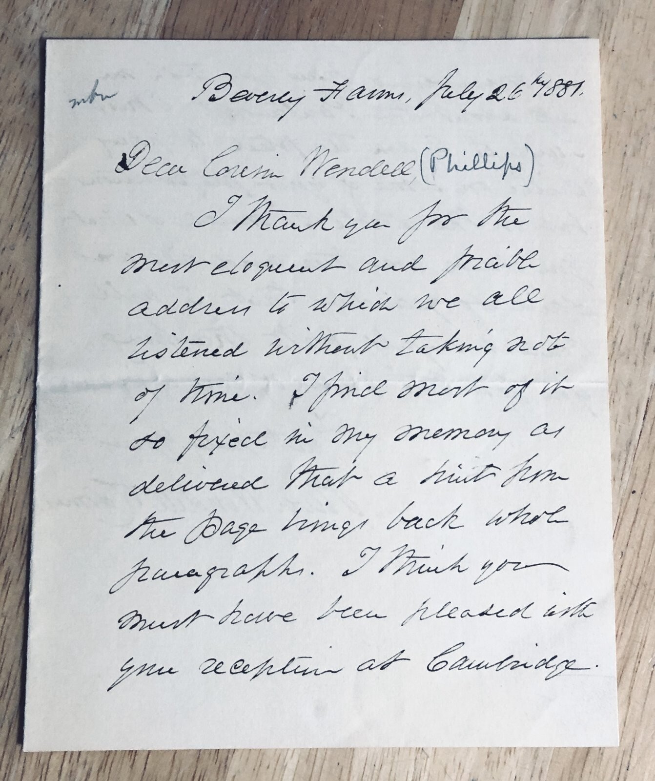 1881 OLIVER WENDELL HOLMES Signed Letter to Cousin Abolitionist Wendell Phillips 1881 OLIVER WENDELL HOLMES Signed Letter to Cousin Abolitionist Wendell Phillips