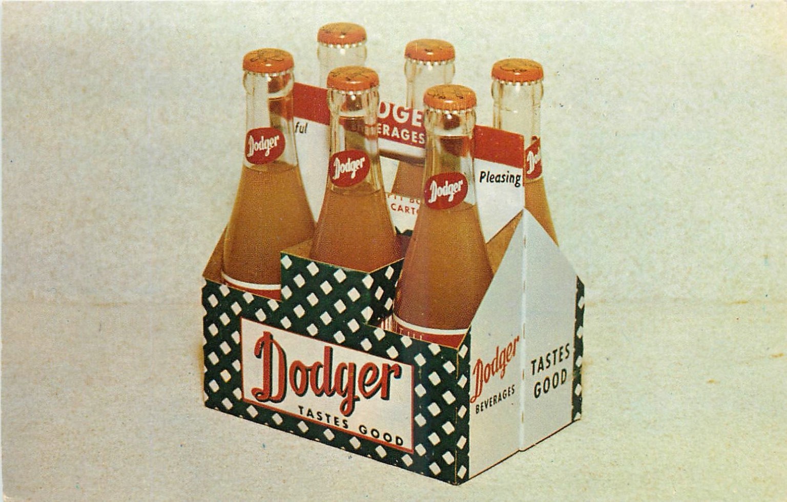 Vintage Dodger Beverages Soda Pop Six-Pack Advertising Postcard Dexter 1950s Vintage Dodger Beverages Soda Pop Six-Pack Advertising Postcard Dexter 1950s