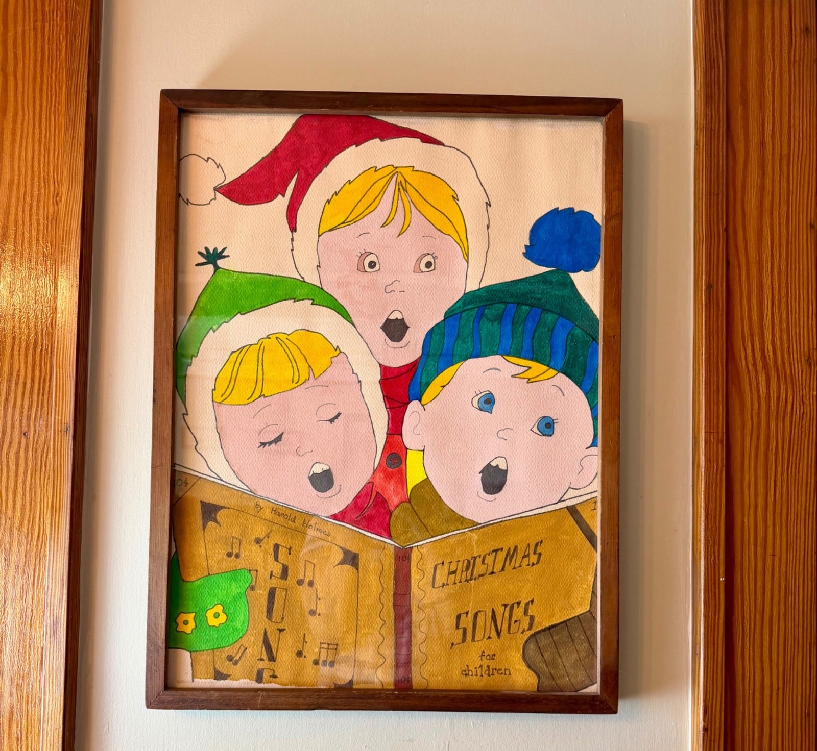 Vintage Harold Holmes Christmas Choir Art In Wooden Frame – Hand-Painted Childre