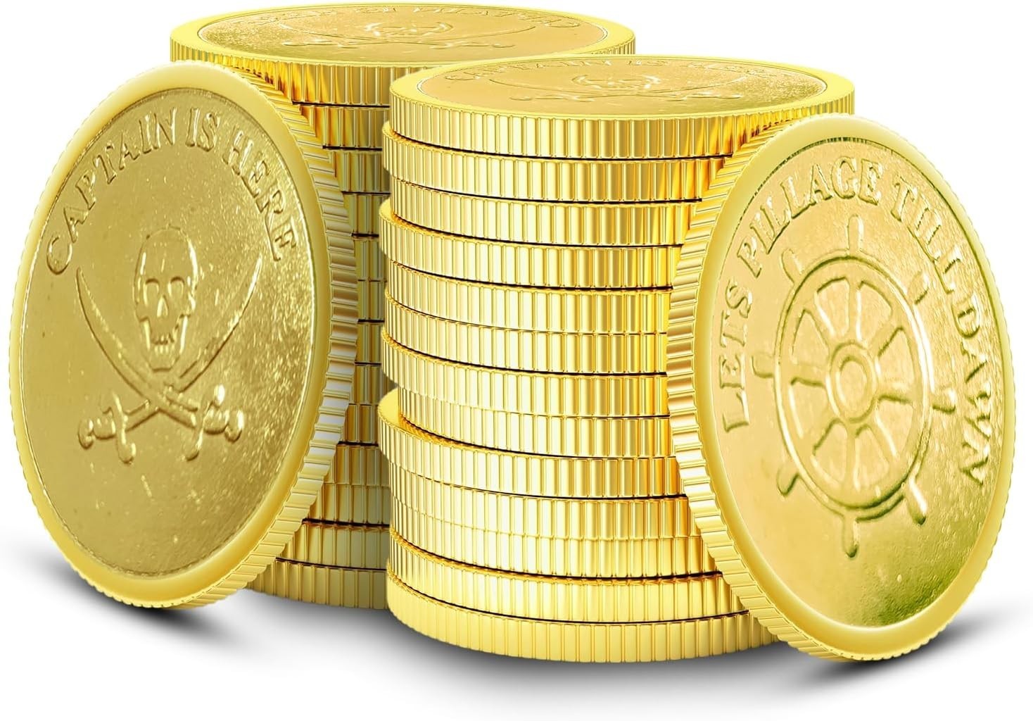 Metal Casino Golden Color Novelty Coins, Pirate Design, 1 Inch Diameter, Pack of
