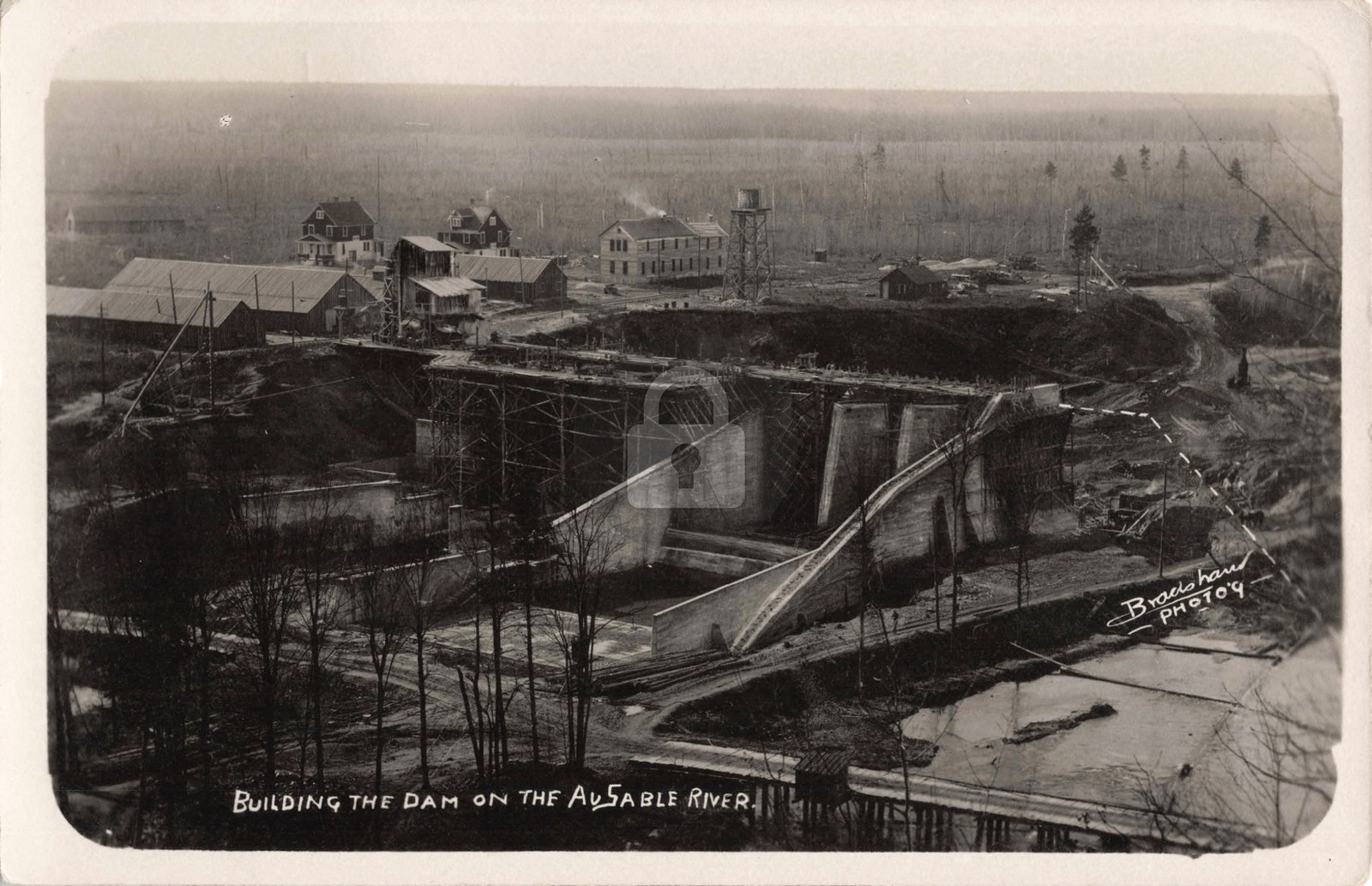 Bird\'s-Eye View Building the Dam on Au Sable River MI RPPC Photo Postcard COPY