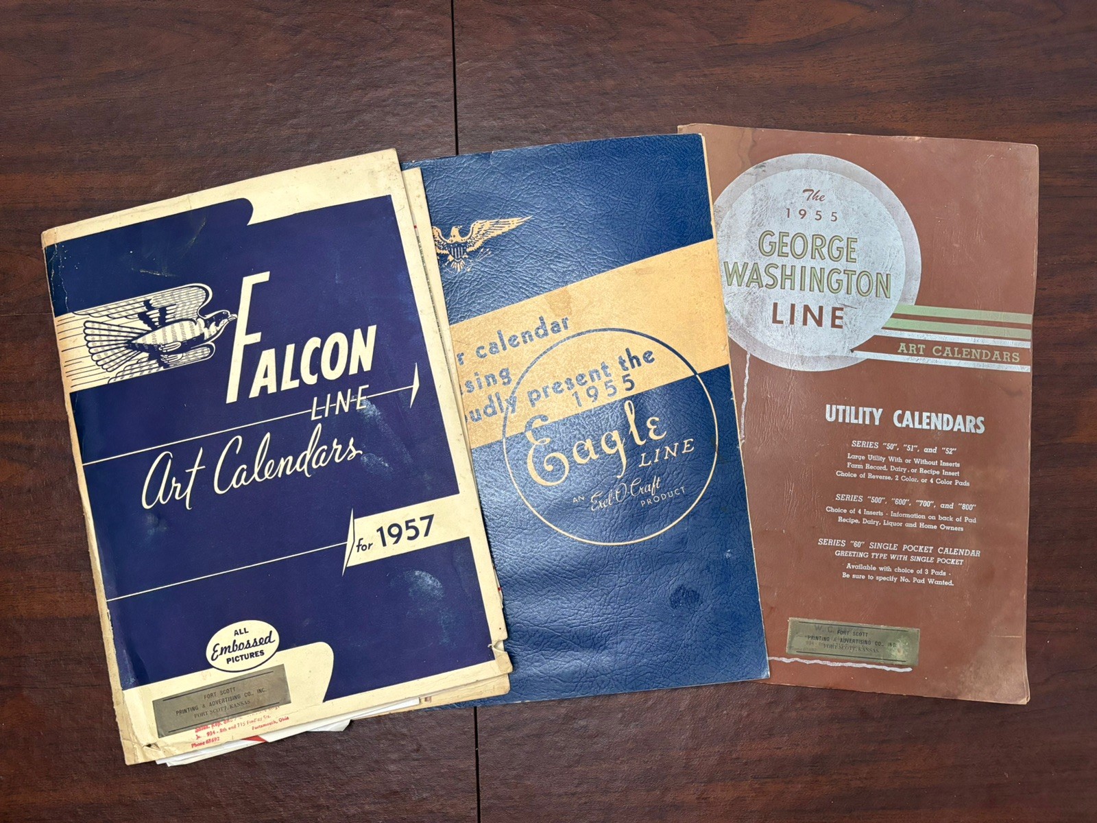 Lot of 3 1950s Calendar Salesman Sampler Kit FALCON GEORGE WASHINGTON EAGLE