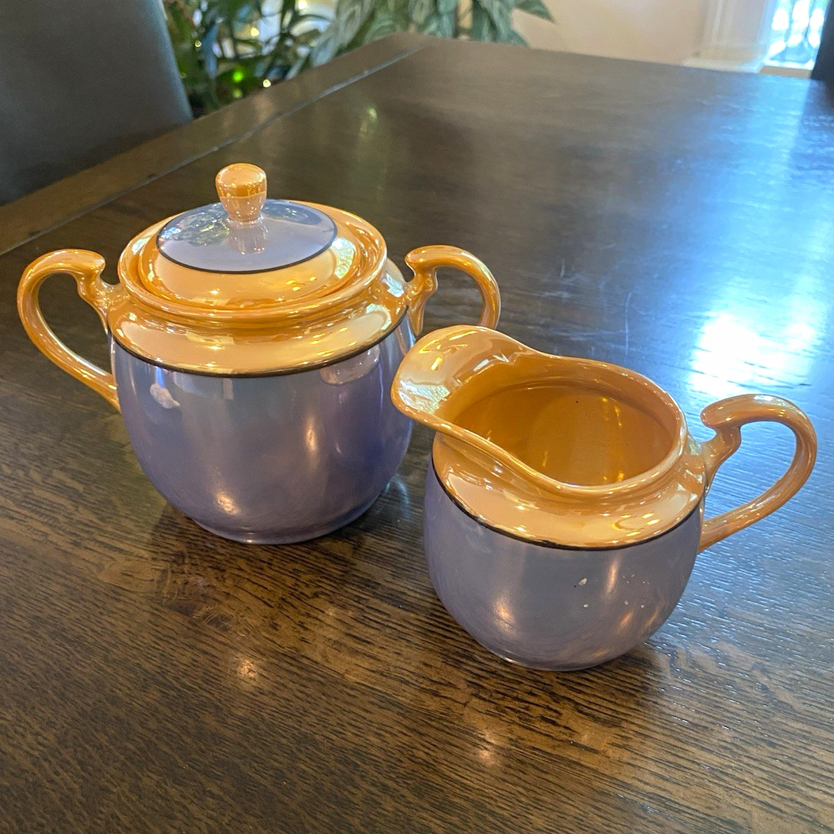 Vintage Lustreware Sugar Bowl and Creamer Set - Lilac and Peach