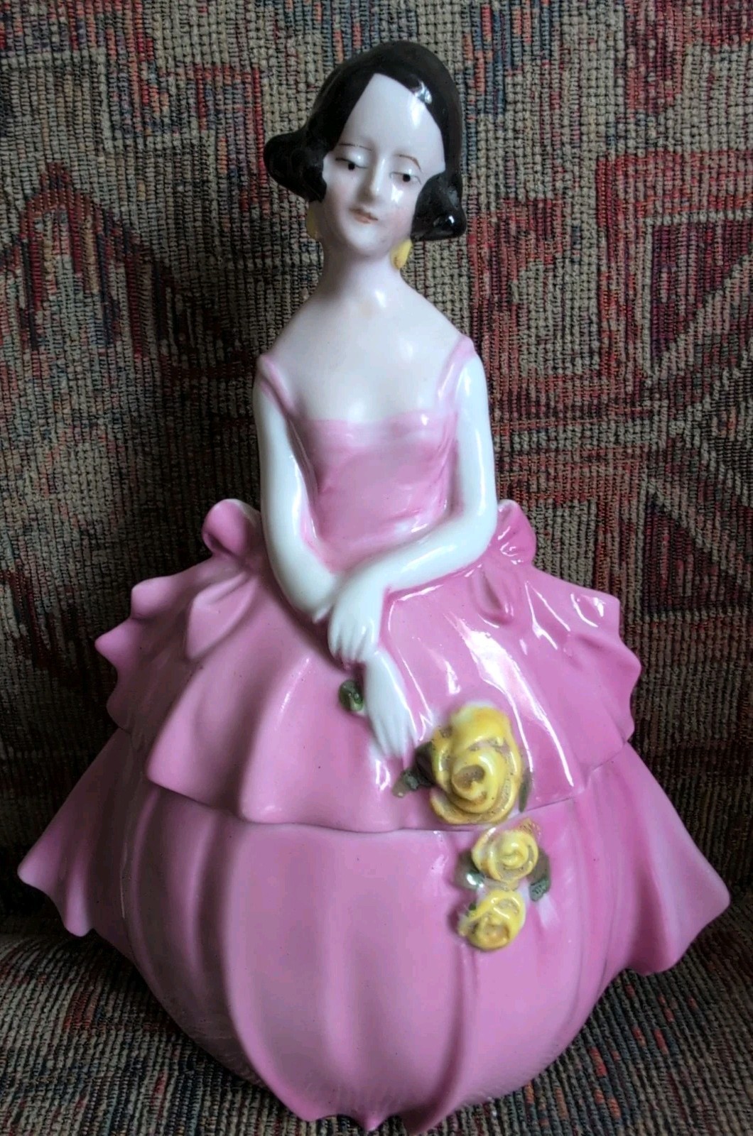 1930\'s-1940\'s Nancy Pert Porcelain Dresser Doll Pink Dress Yellow Roses Germany 