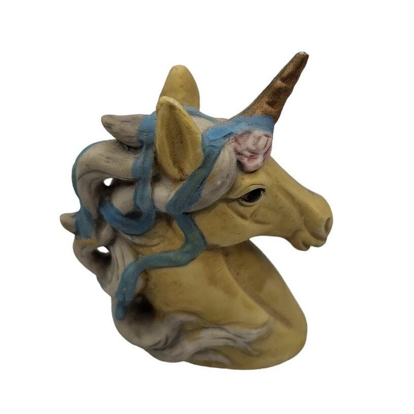 Vintage 1980s Hand Painted Unicorn Bust Ceramic Figurine Muted Colors