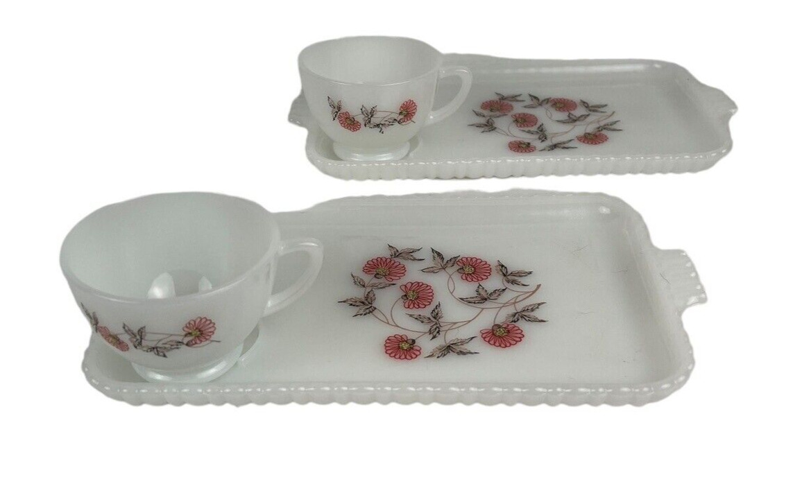 FireKing Fleurette Milk Glass Snack Trays Set 2 Sets Cup-SMALL CUPS - 1 Sided